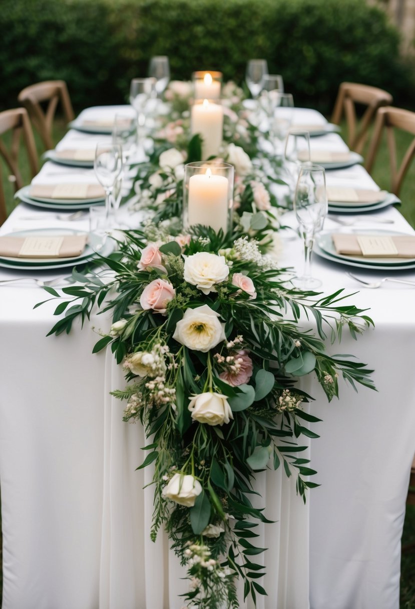 A floral garland drapes across the center of a wedding table, adding a romantic touch to the bride and groom's decor