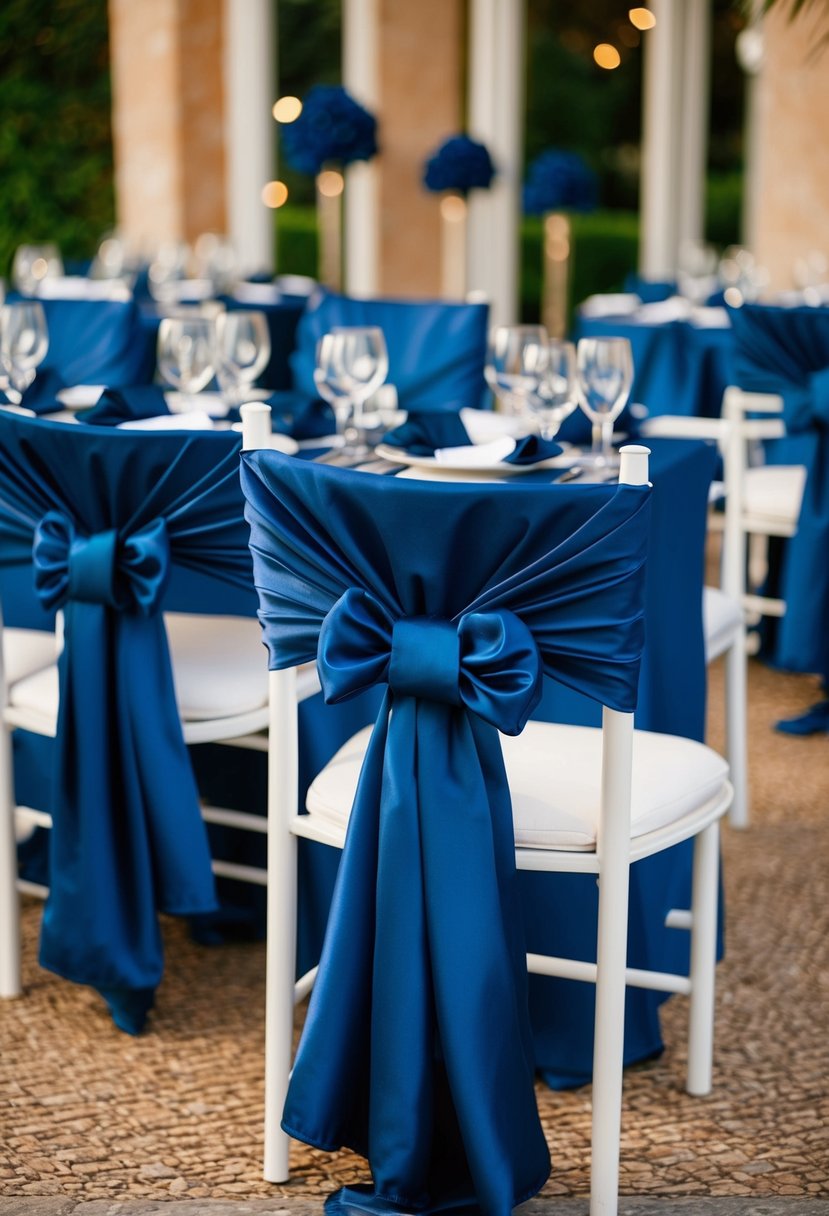 Dark blue chair sashes draped over chairs, matching dark blue table decorations