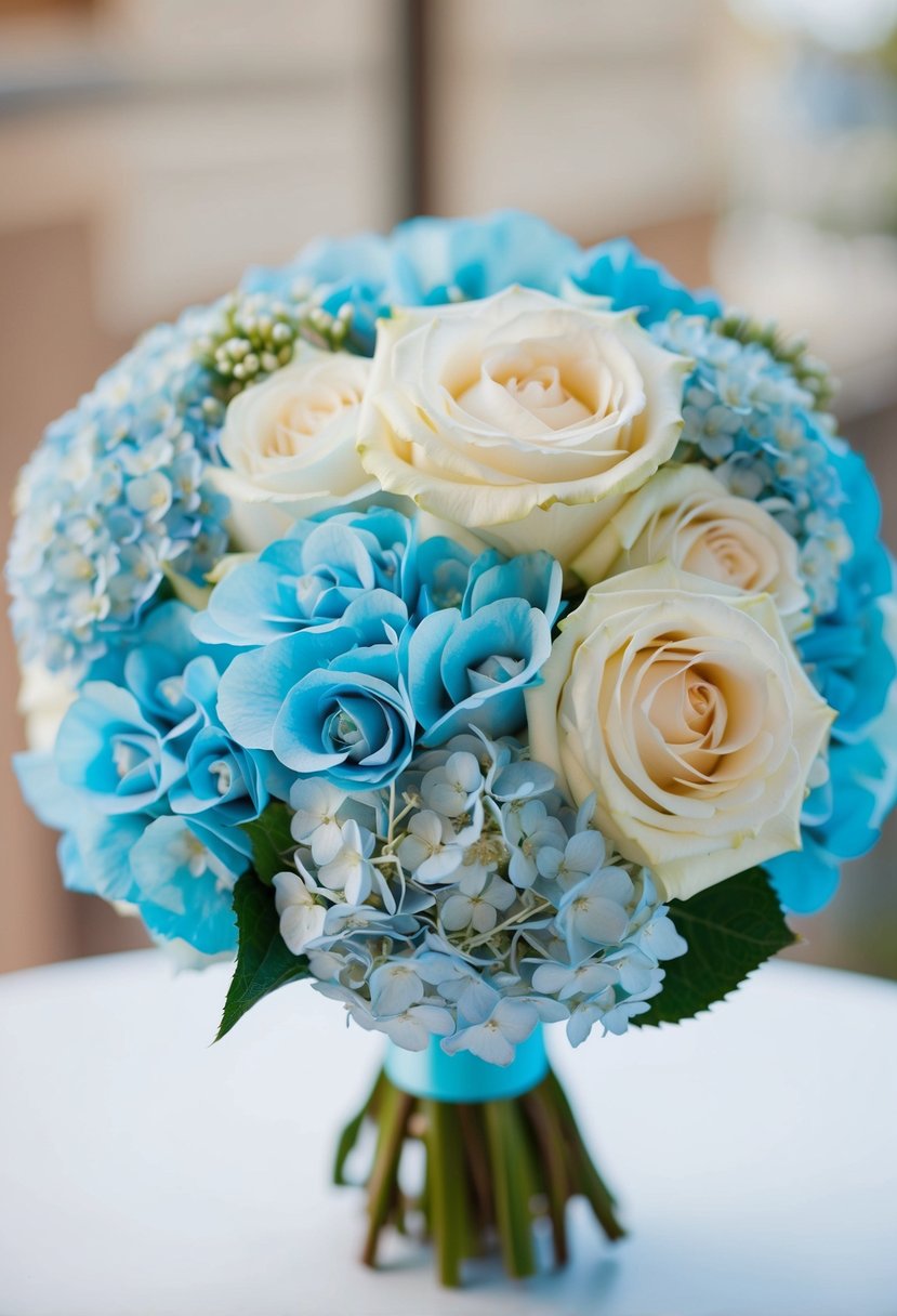 A light blue wedding bouquet with delicate roses and hydrangeas