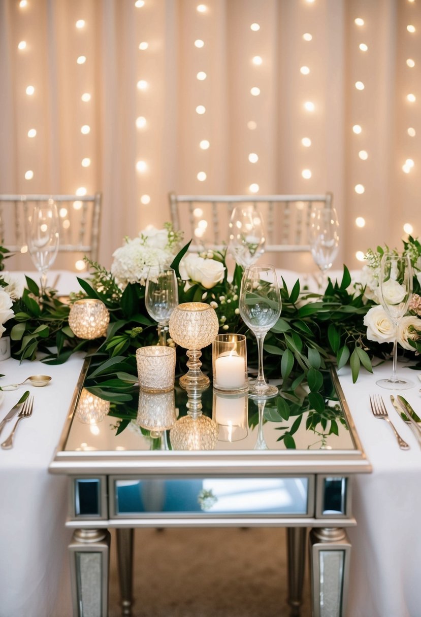 A mirrored table reflects sparkling lights and elegant wedding decorations for the bride and groom's table