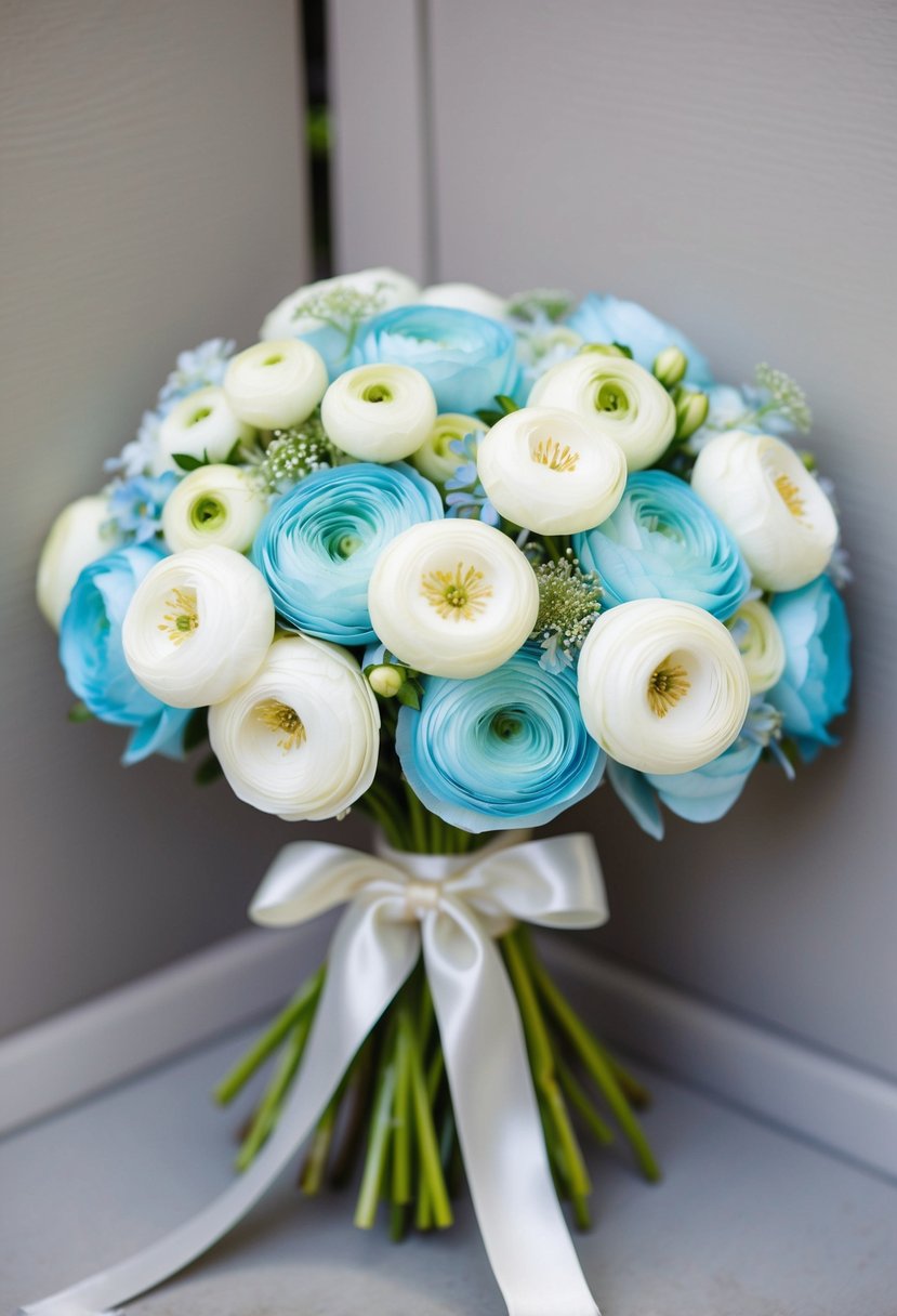 A delicate bouquet of light blue and ivory ranunculus, tied with a satin ribbon