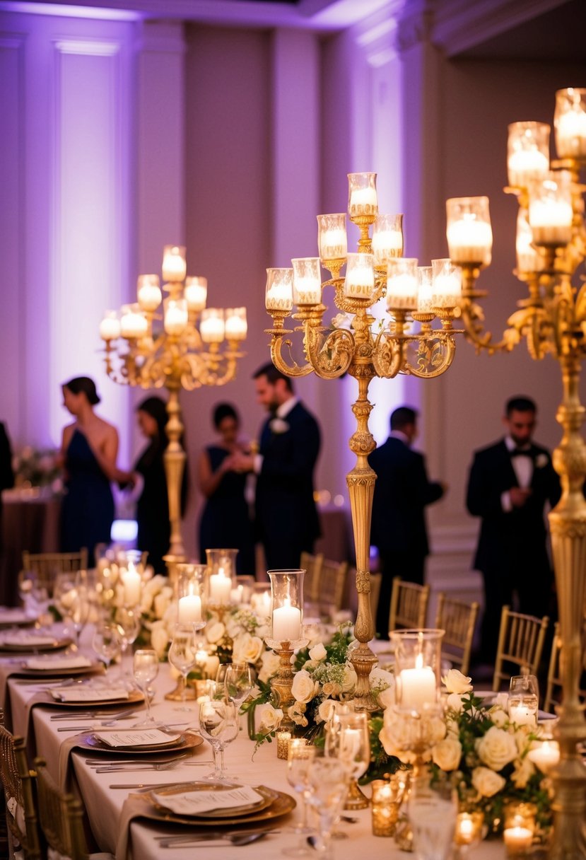 A grand wedding table adorned with vintage candelabras, casting a warm and timeless glow for the bride and groom's celebration