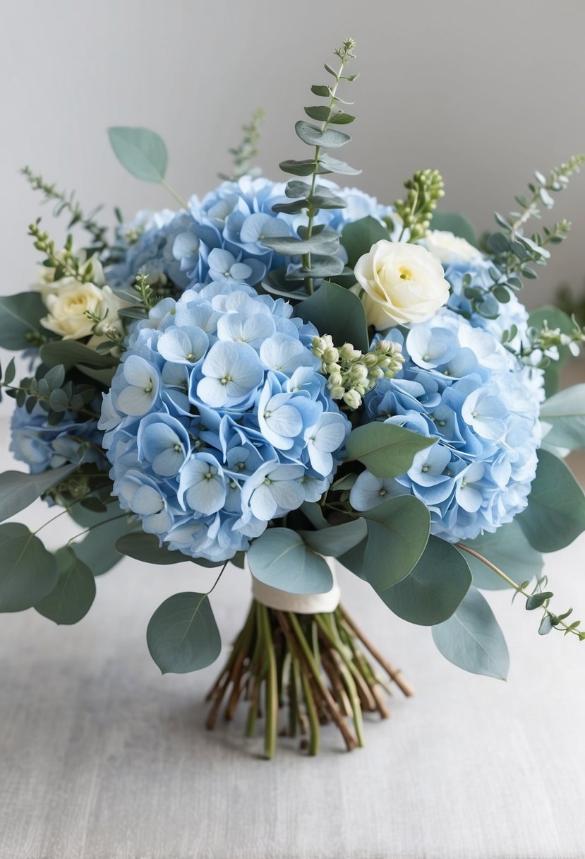 A delicate bouquet of light blue hydrangeas and eucalyptus, arranged in a graceful and flowing manner