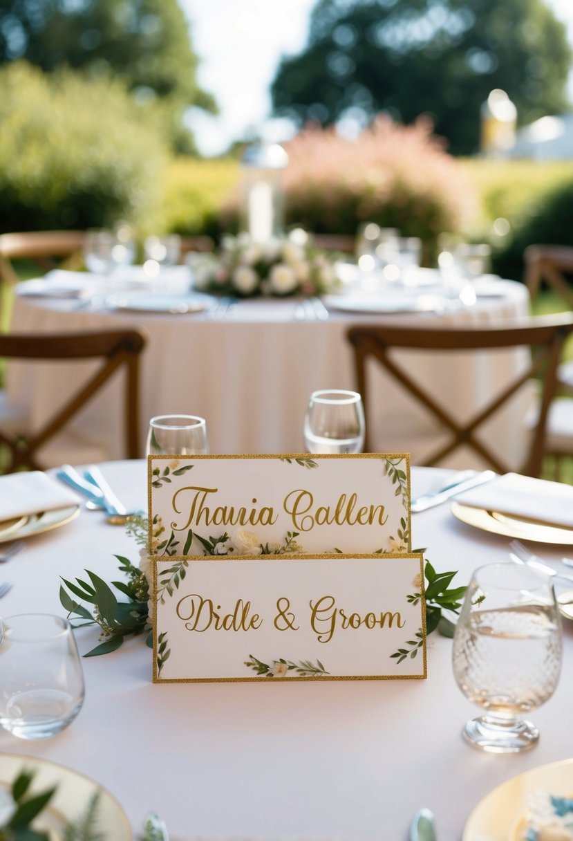 Personalized name cards arranged on a beautifully decorated wedding table, adding an intimate touch to the bride and groom's special day