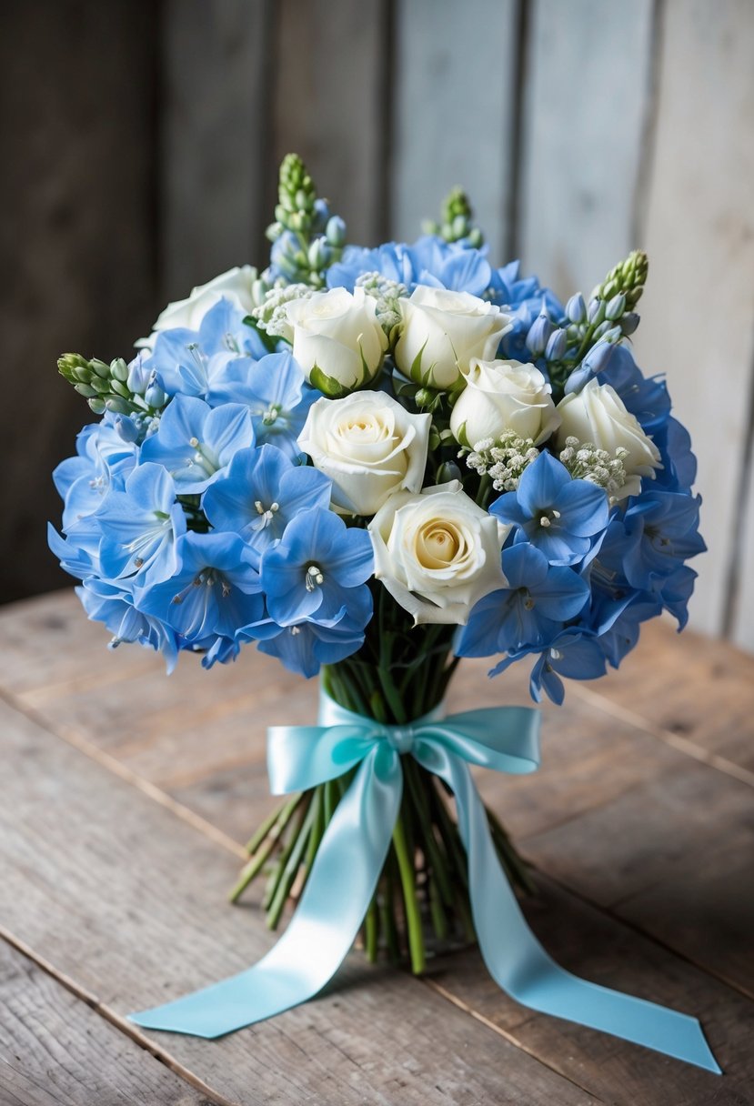 A delicate bouquet of light blue delphiniums and white roses, tied with a satin ribbon, rests on a rustic wooden table