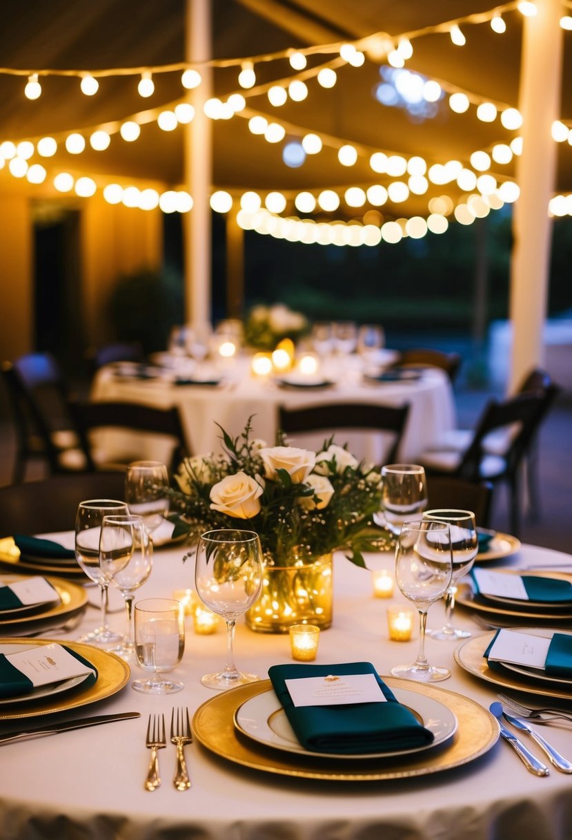 Fairy lights wrap around a wedding table, casting a warm and magical glow over the bride and groom's place settings