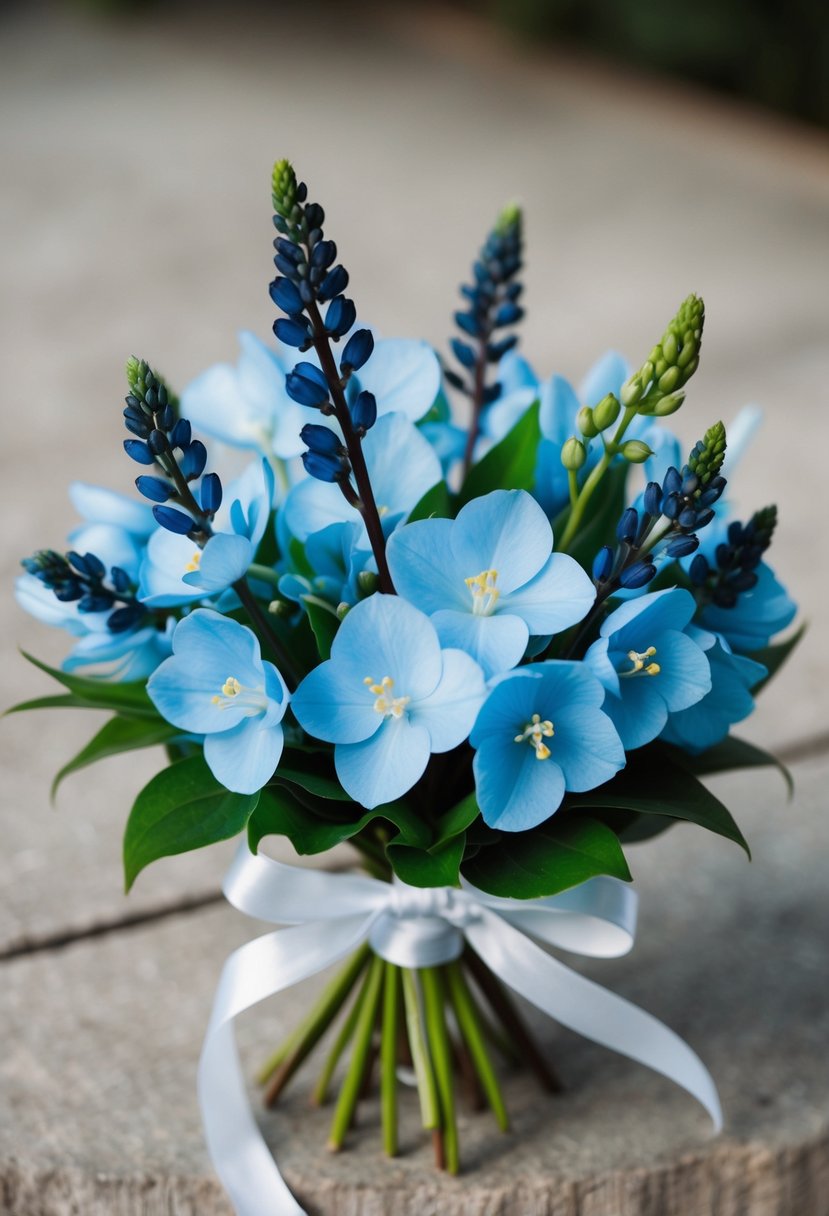 A delicate bouquet of light blue muscari with accents of darker blue flowers, tied with a white ribbon