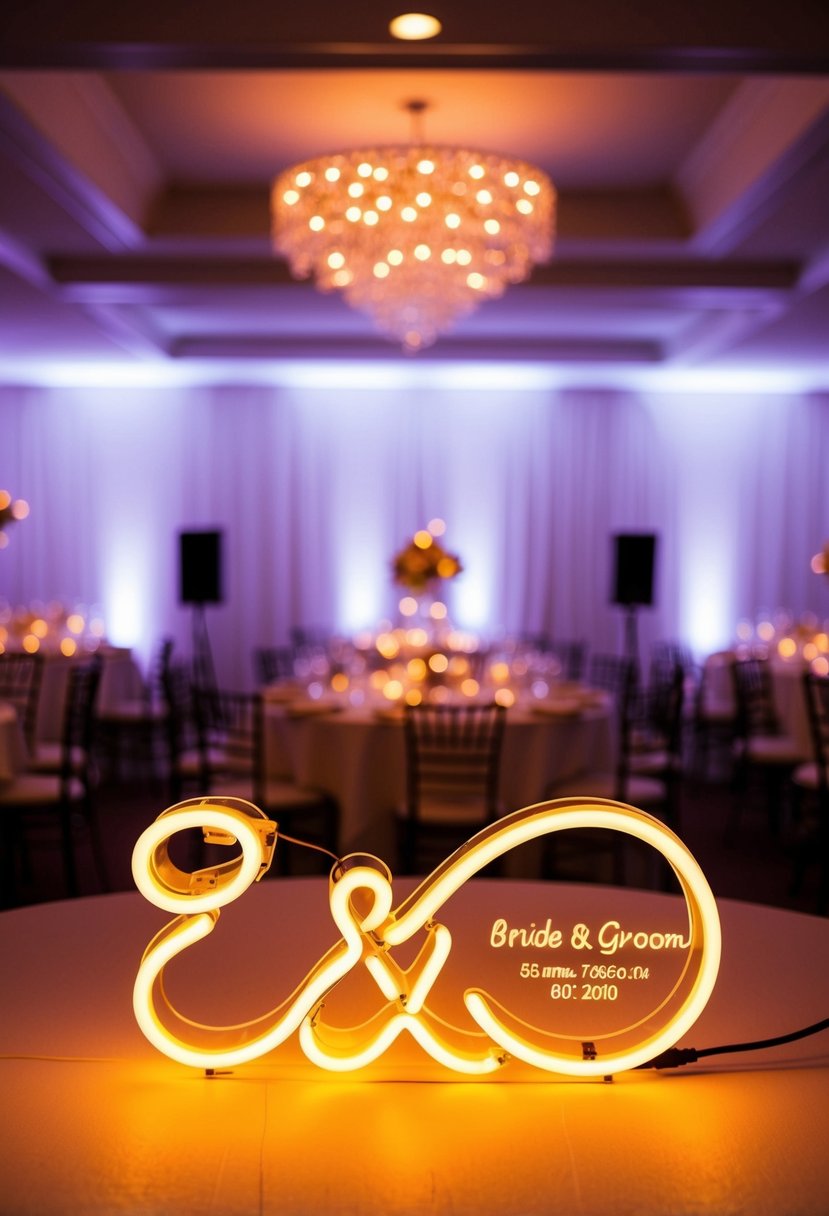 A glowing neon sign with the initials of the bride and groom stands as a centerpiece on the wedding table, casting a warm and romantic glow over the reception area