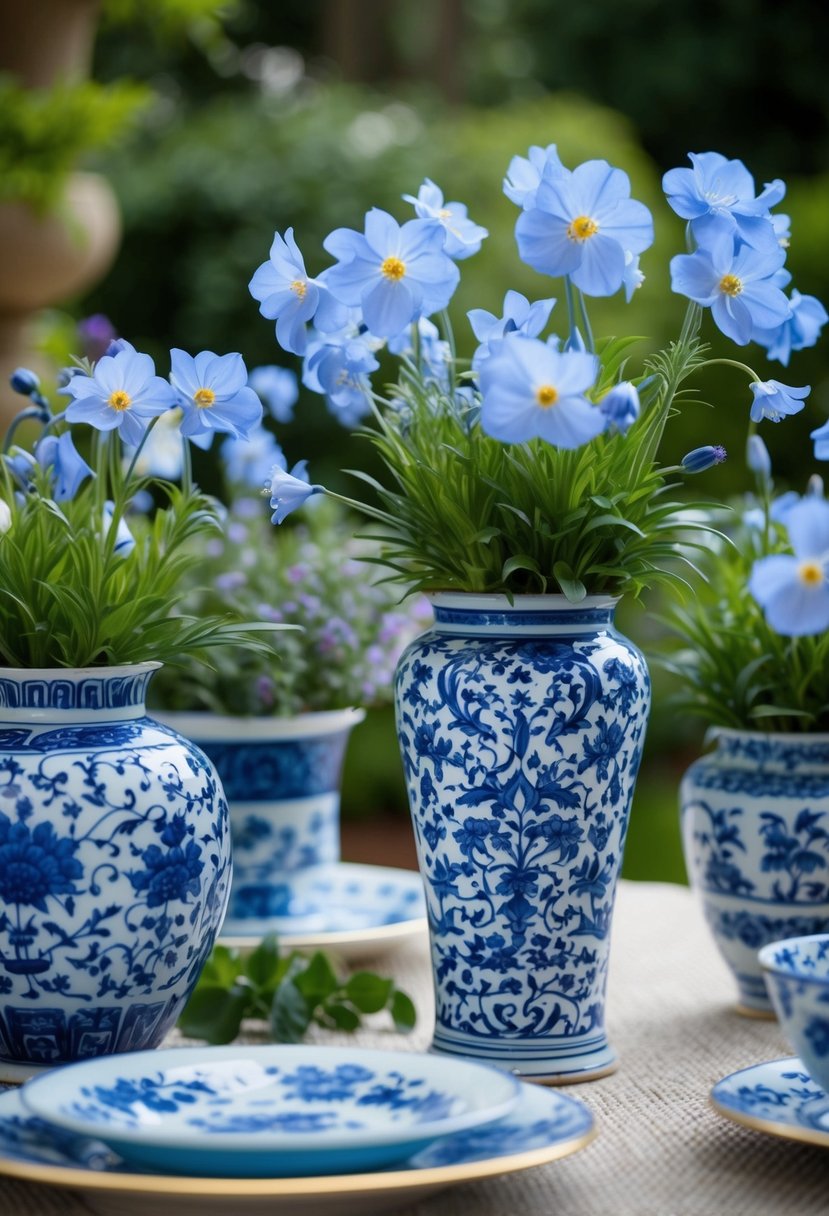 A serene garden setting with delicate blue flowers and intricate Chinoiserie-inspired patterns adorning vases and decor