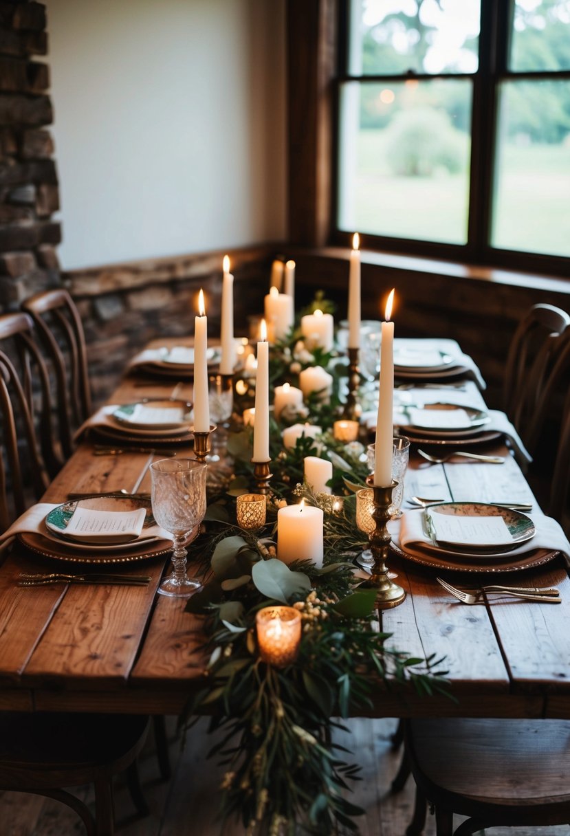 A rustic wooden table adorned with candles, greenery, and vintage tableware creates a cozy and romantic atmosphere for a bride and groom's wedding table