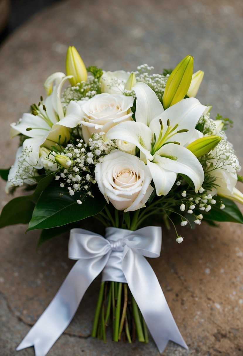 A white wedding bouquet with roses, lilies, and baby's breath, tied with satin ribbon