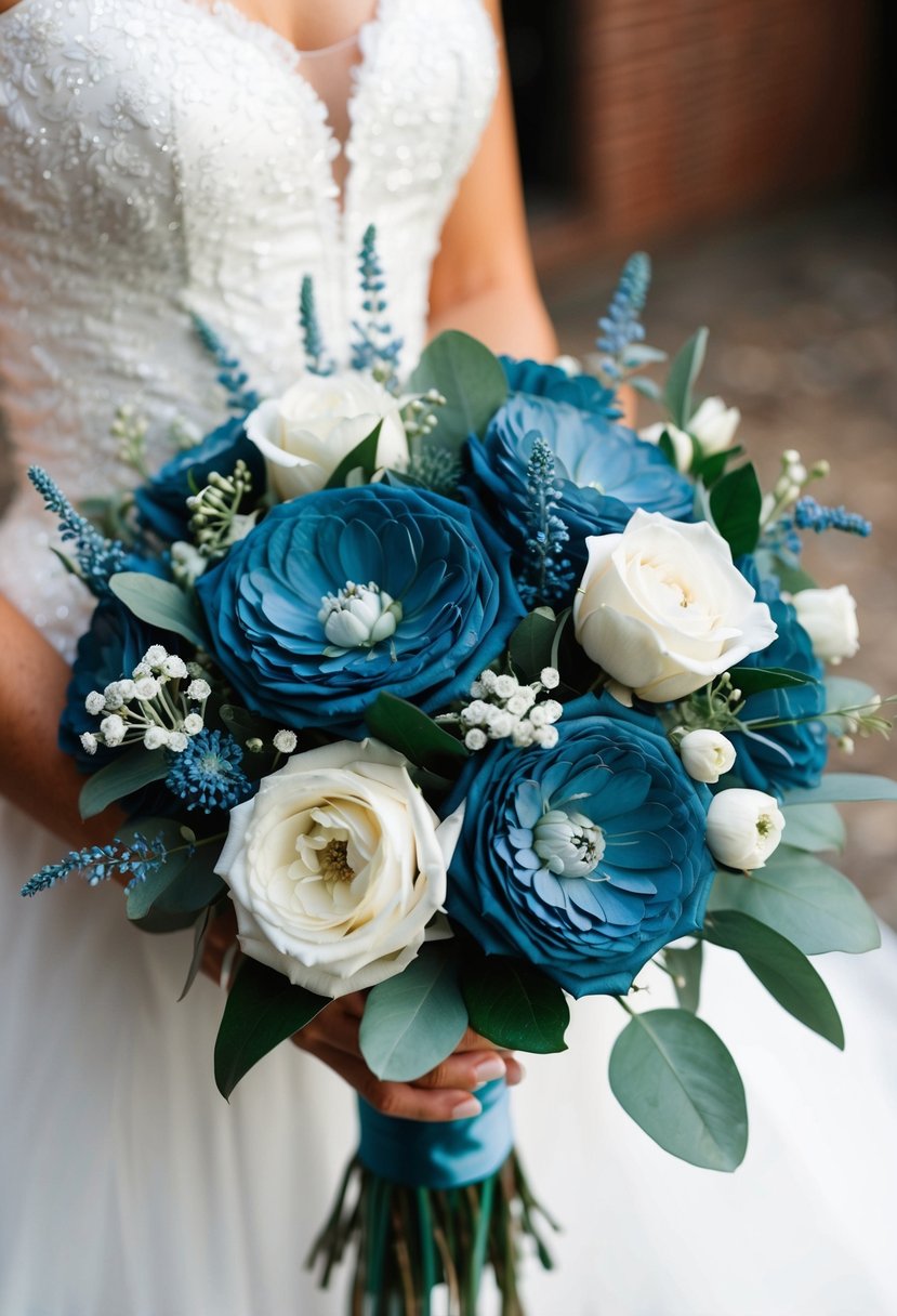 A steel blue wedding bouquet with delicate white floral accents