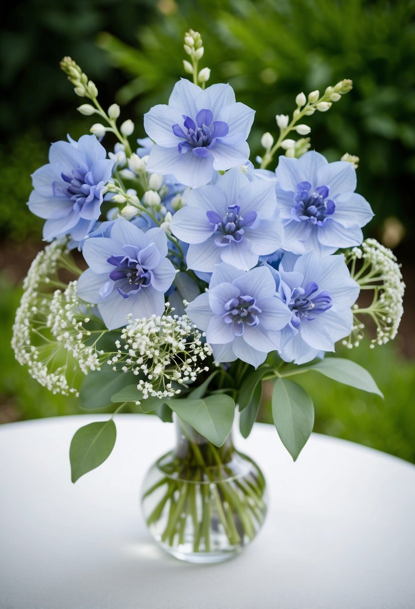 A delicate pastel blue delphinium bouquet sits in a glass vase, surrounded by soft green foliage and dainty white baby's breath