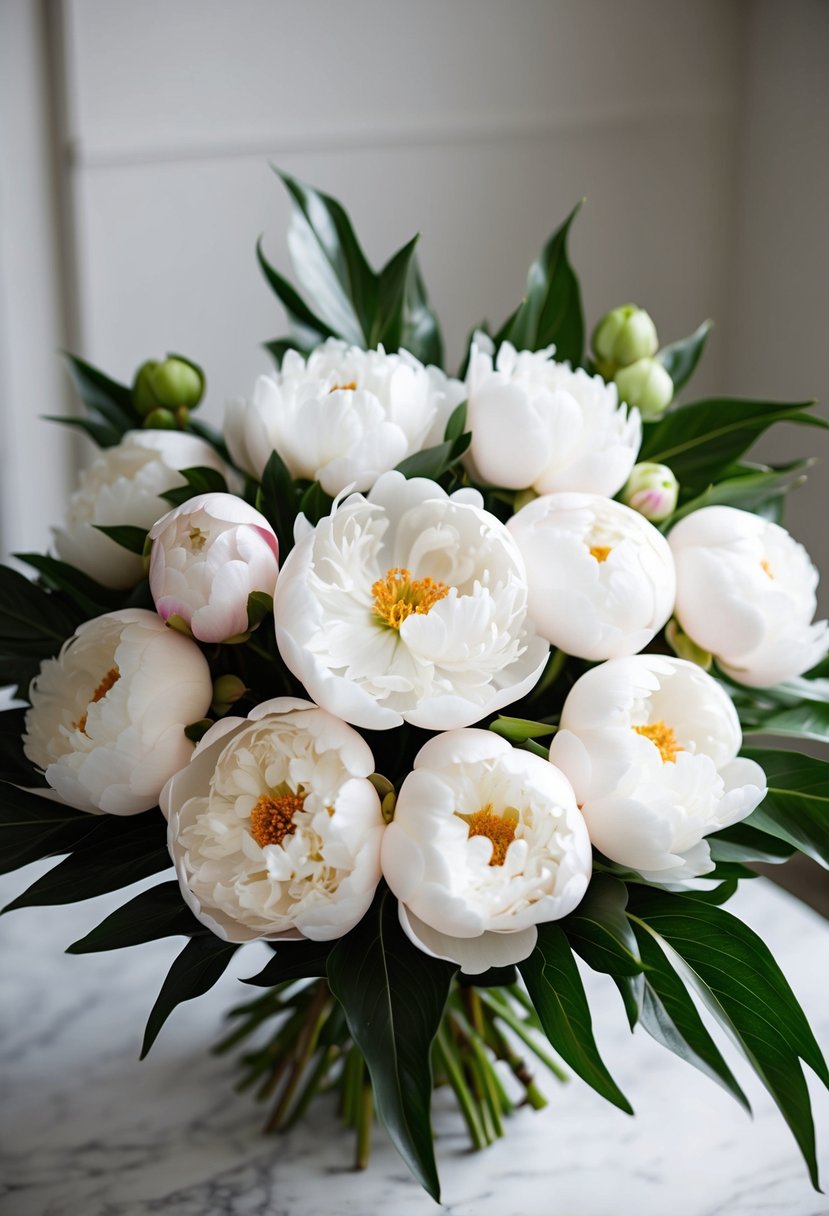 A pristine bouquet of white peonies arranged in a classic style, with delicate petals and lush green leaves