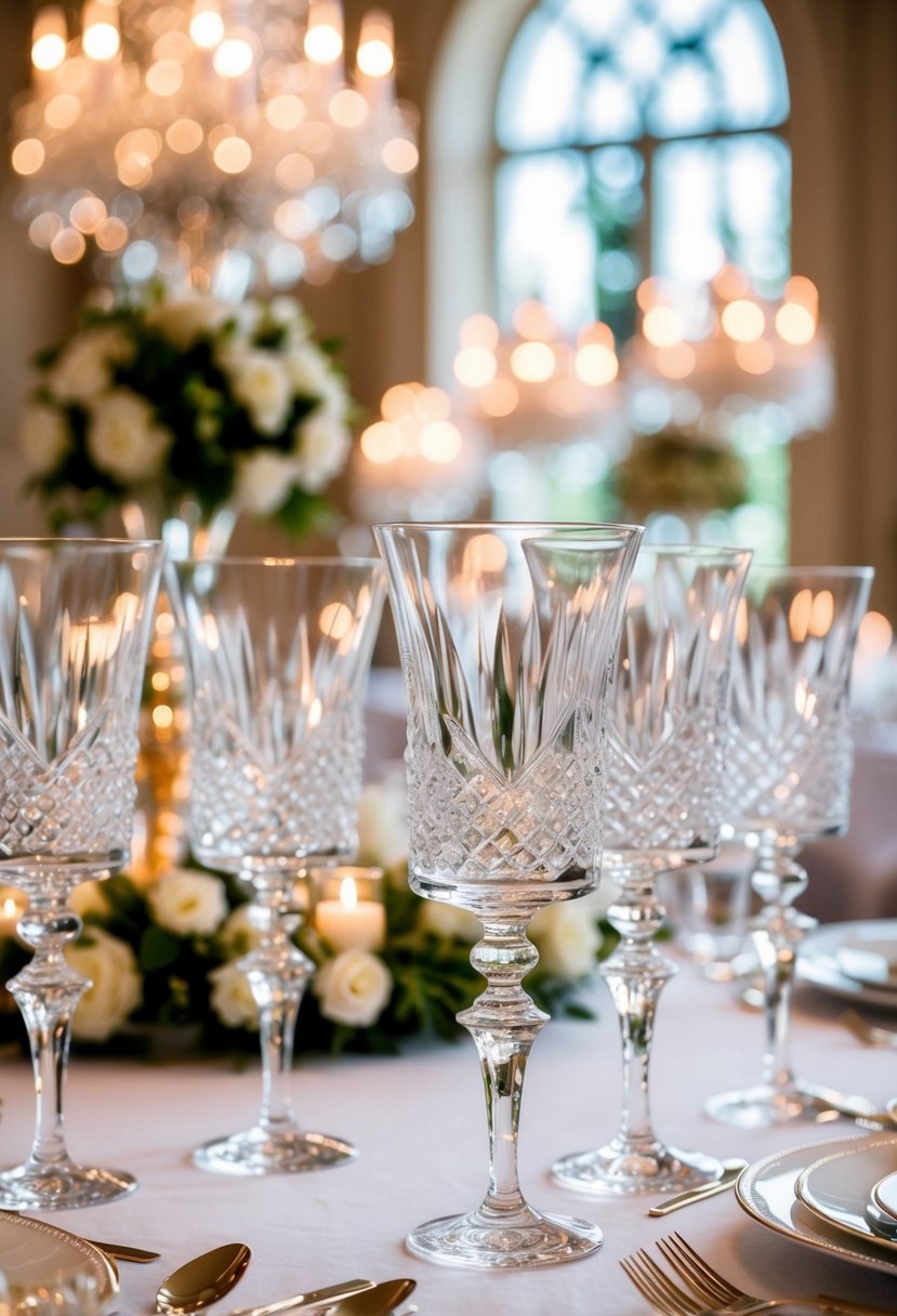 A lavish wedding table adorned with sparkling crystal goblets catches the light, adding a touch of opulence to the bride and groom's special day