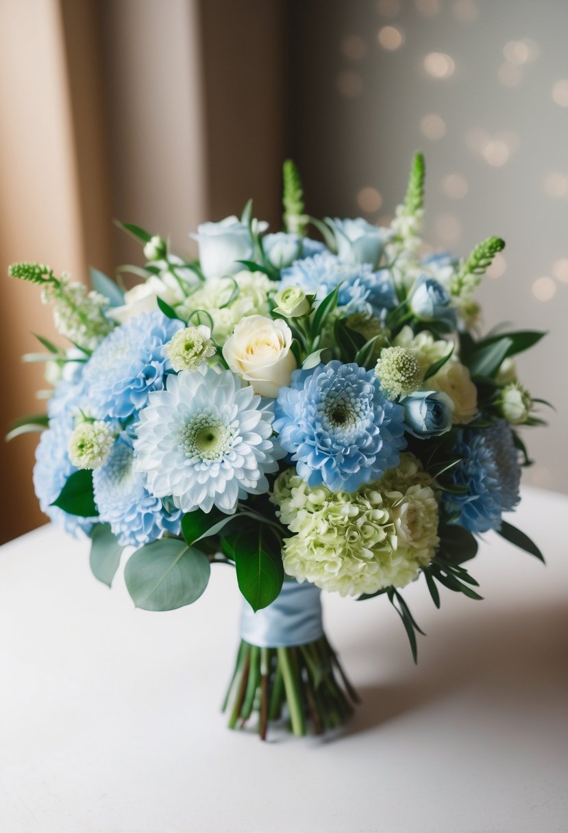 A delicate wedding bouquet of light blue and pale green flowers