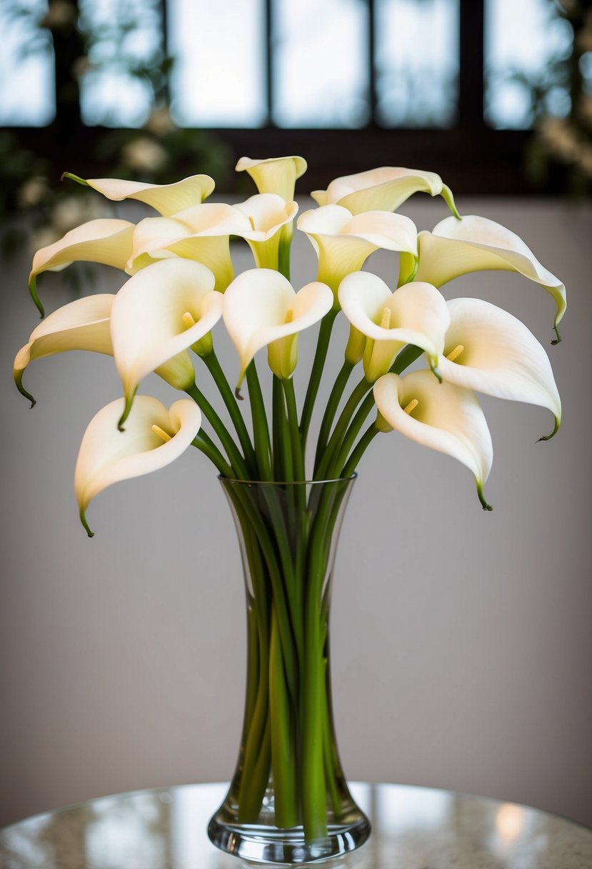 A tall, slender vase holds a stunning arrangement of pure white calla lilies, their graceful curves and delicate petals creating an elegant and timeless wedding bouquet