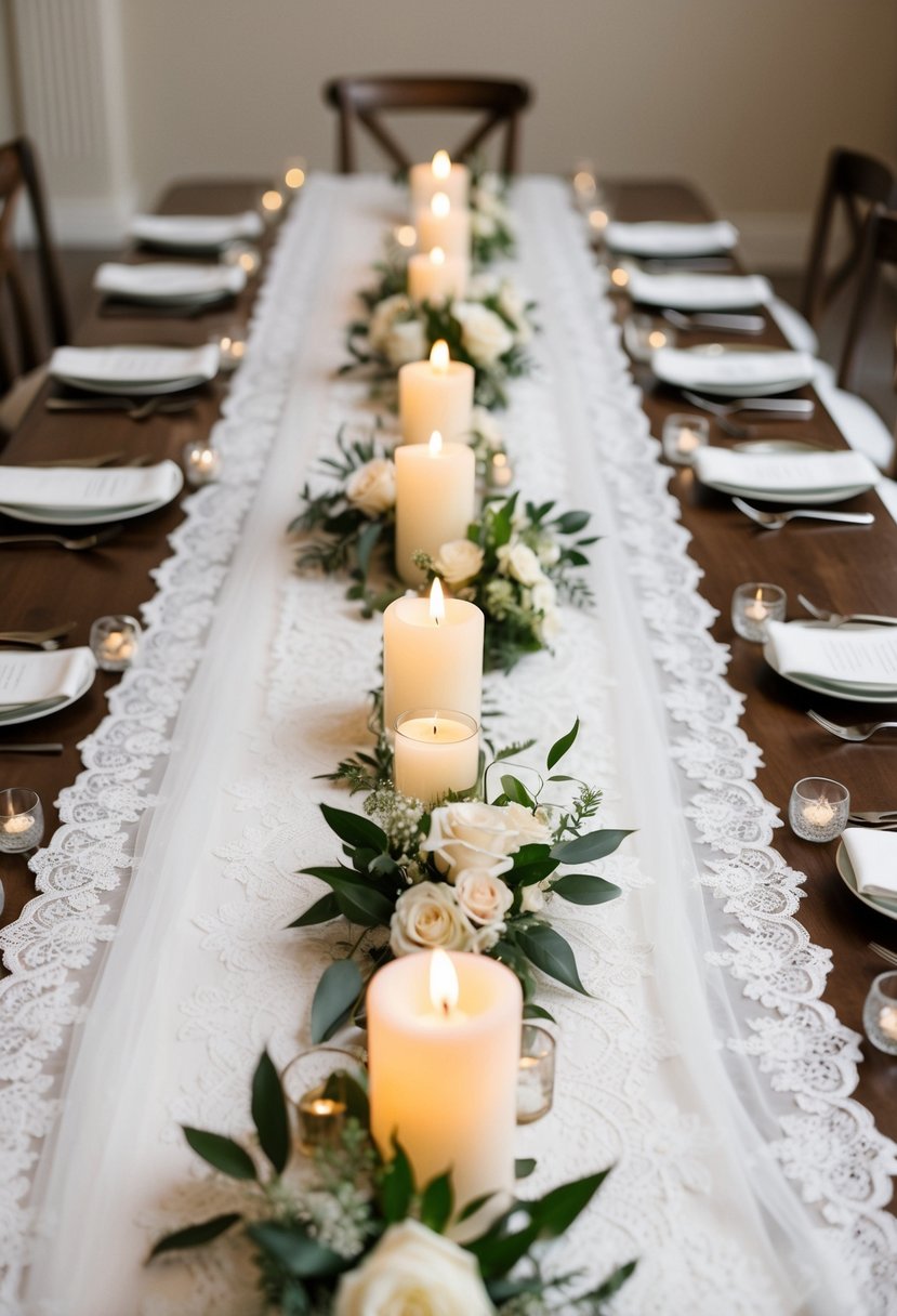 A white lace runner drapes over a wedding table, adorned with delicate floral arrangements and candles, creating an elegant and romantic atmosphere for the bride and groom