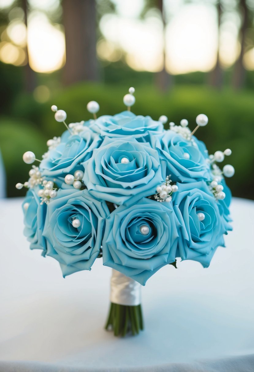 A serene blue wedding bouquet with delicate pearl pins