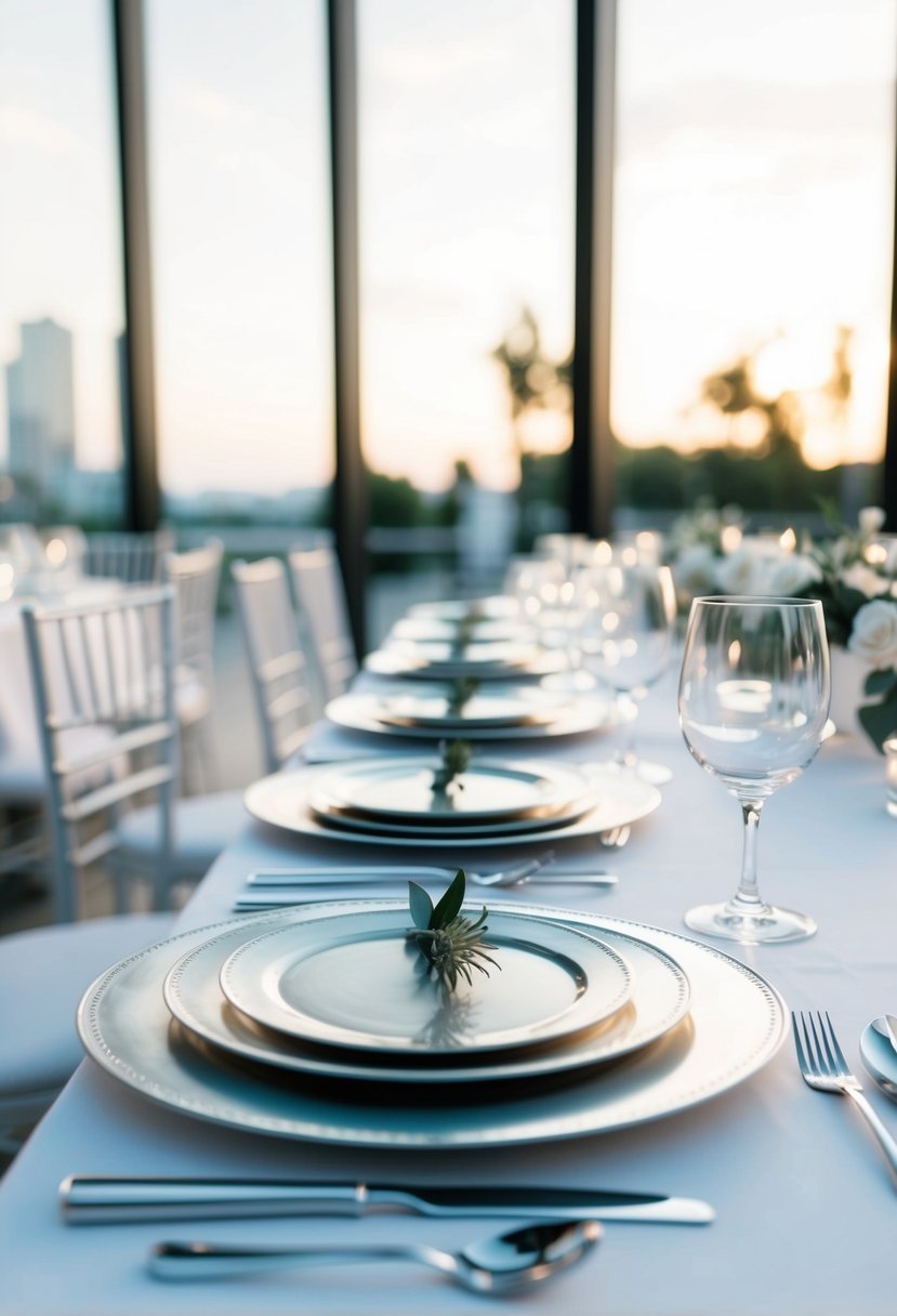 A sleek, modern wedding table set with silver chargers, elegant place settings, and minimalist decor