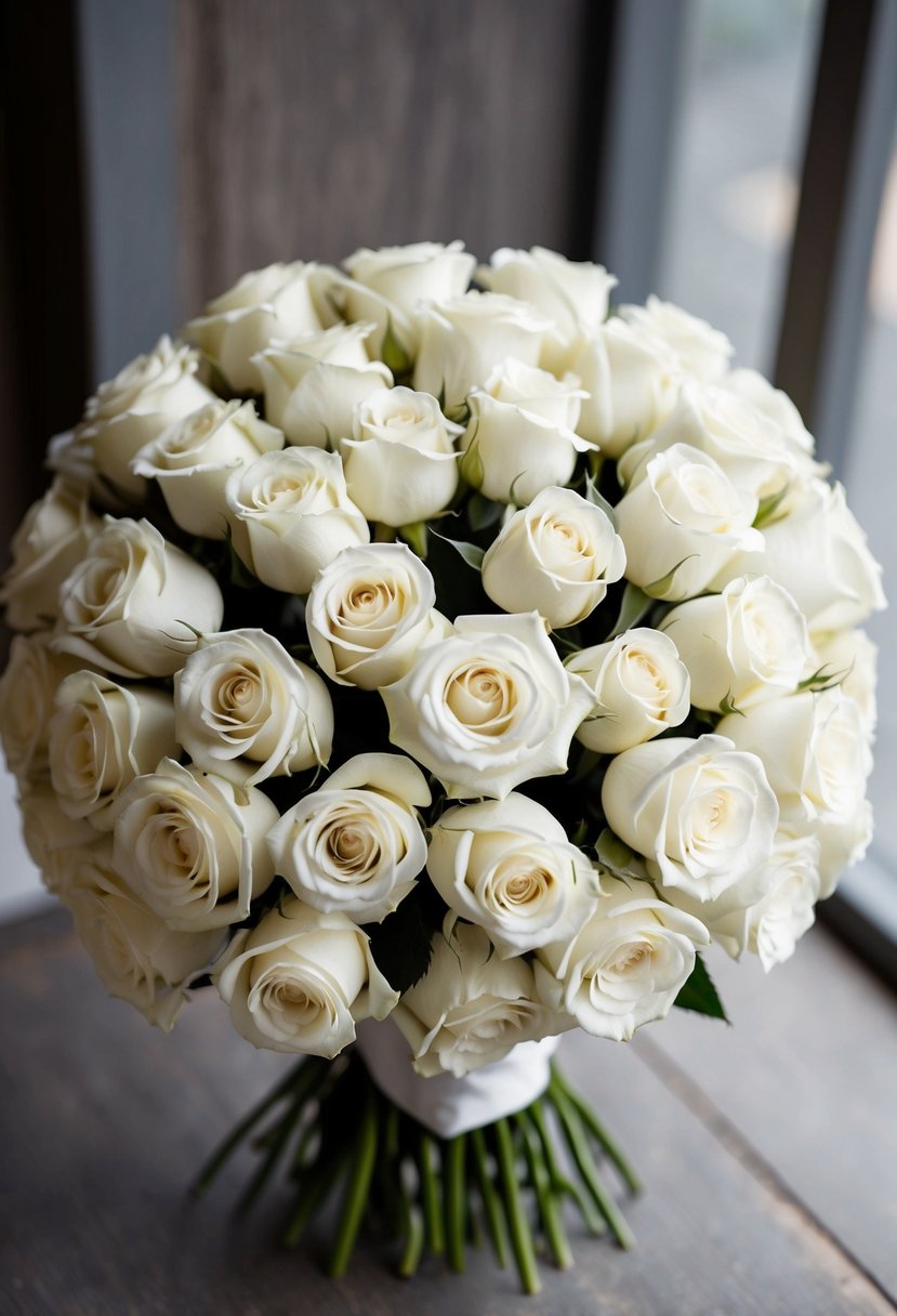 A cluster of white roses arranged in a timeless wedding bouquet