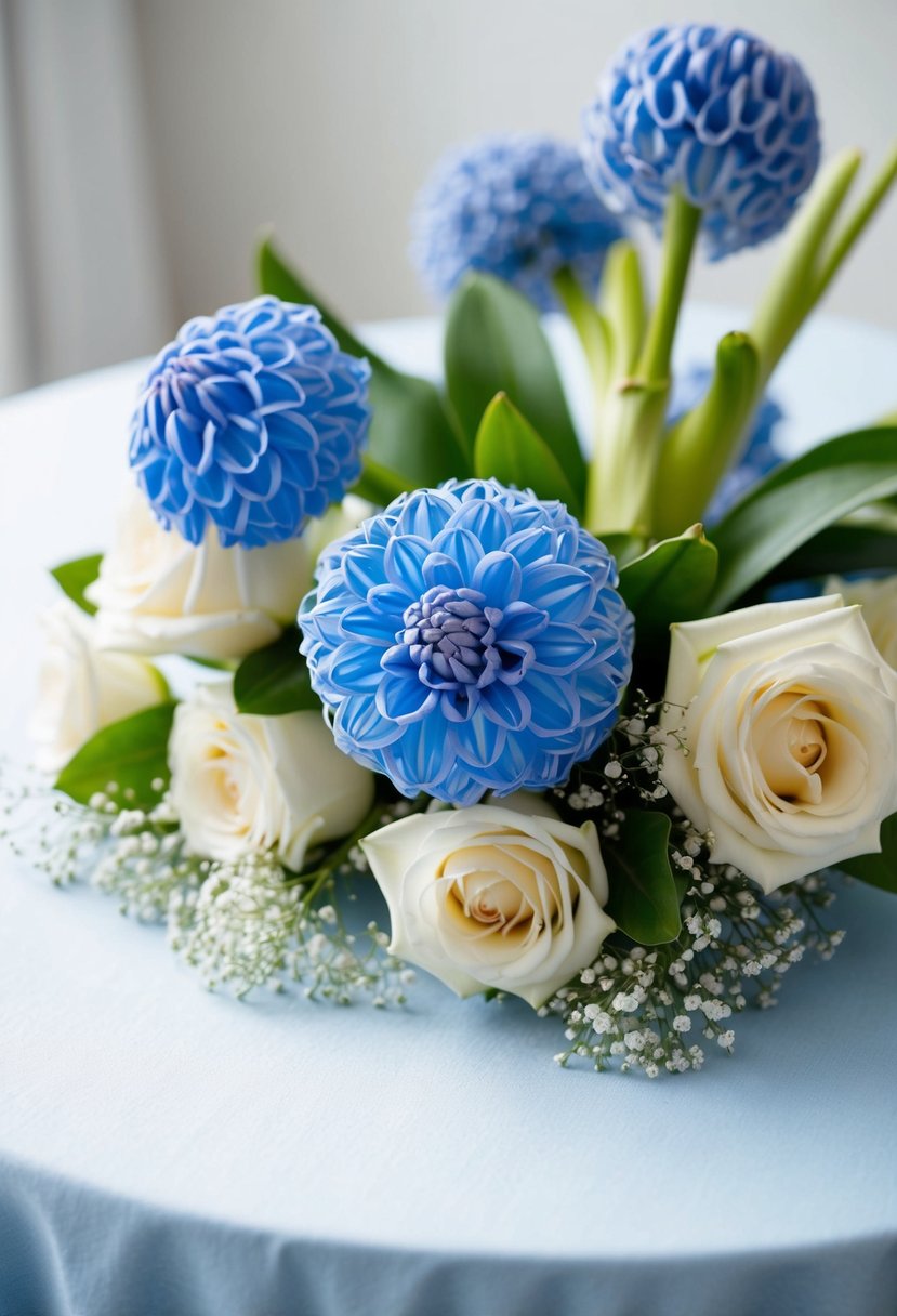 A delicate blue hyacinth bouquet sits atop a light blue tablecloth, surrounded by soft white roses and baby's breath