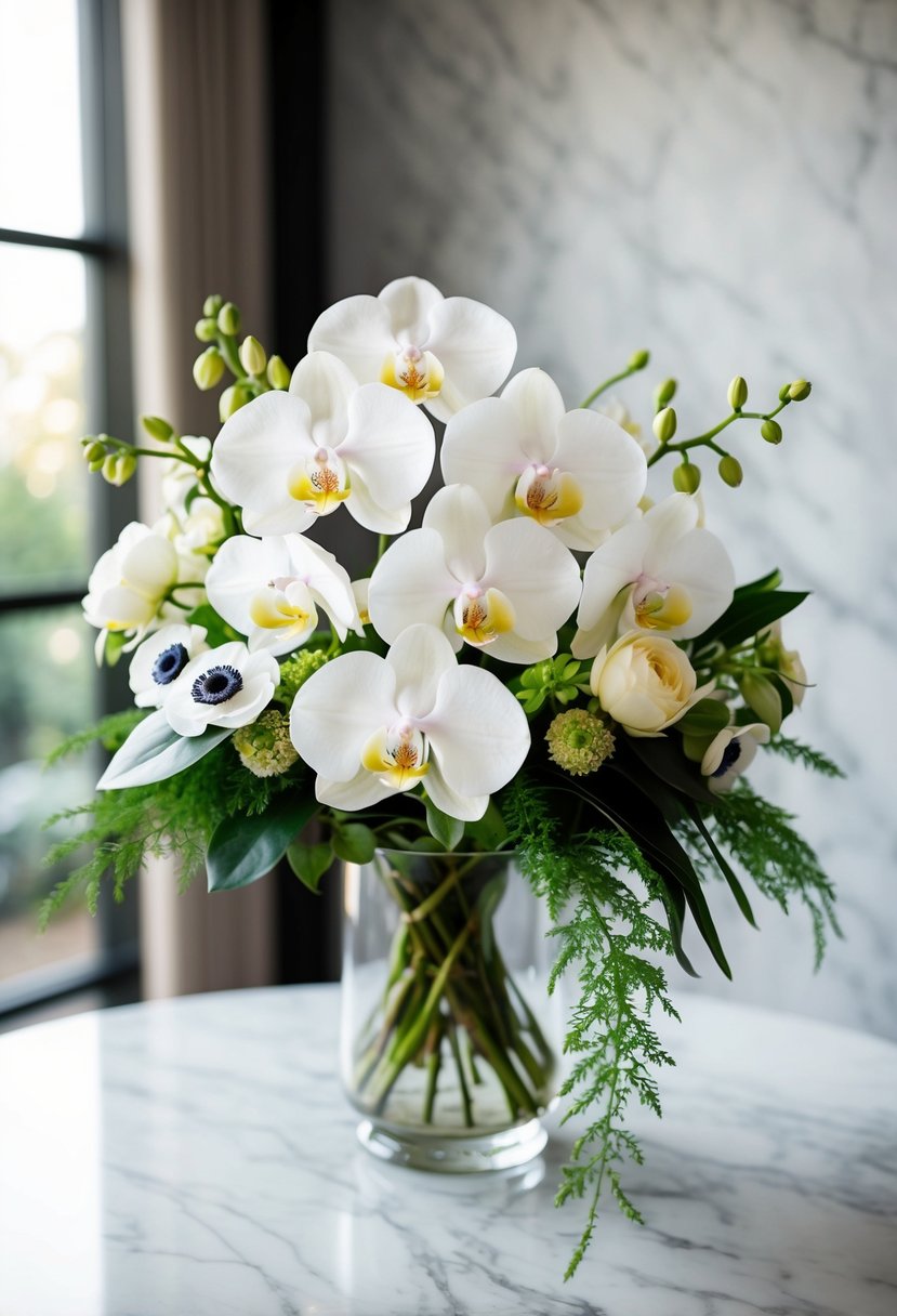 A delicate bouquet of white orchids and anemones, accented with greenery, rests on a marble table