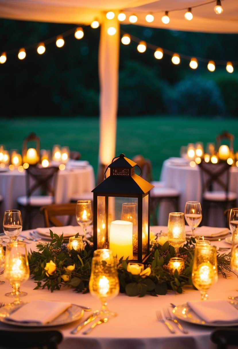 A table adorned with glowing lanterns, casting a warm and romantic ambiance for a bride and groom's wedding celebration