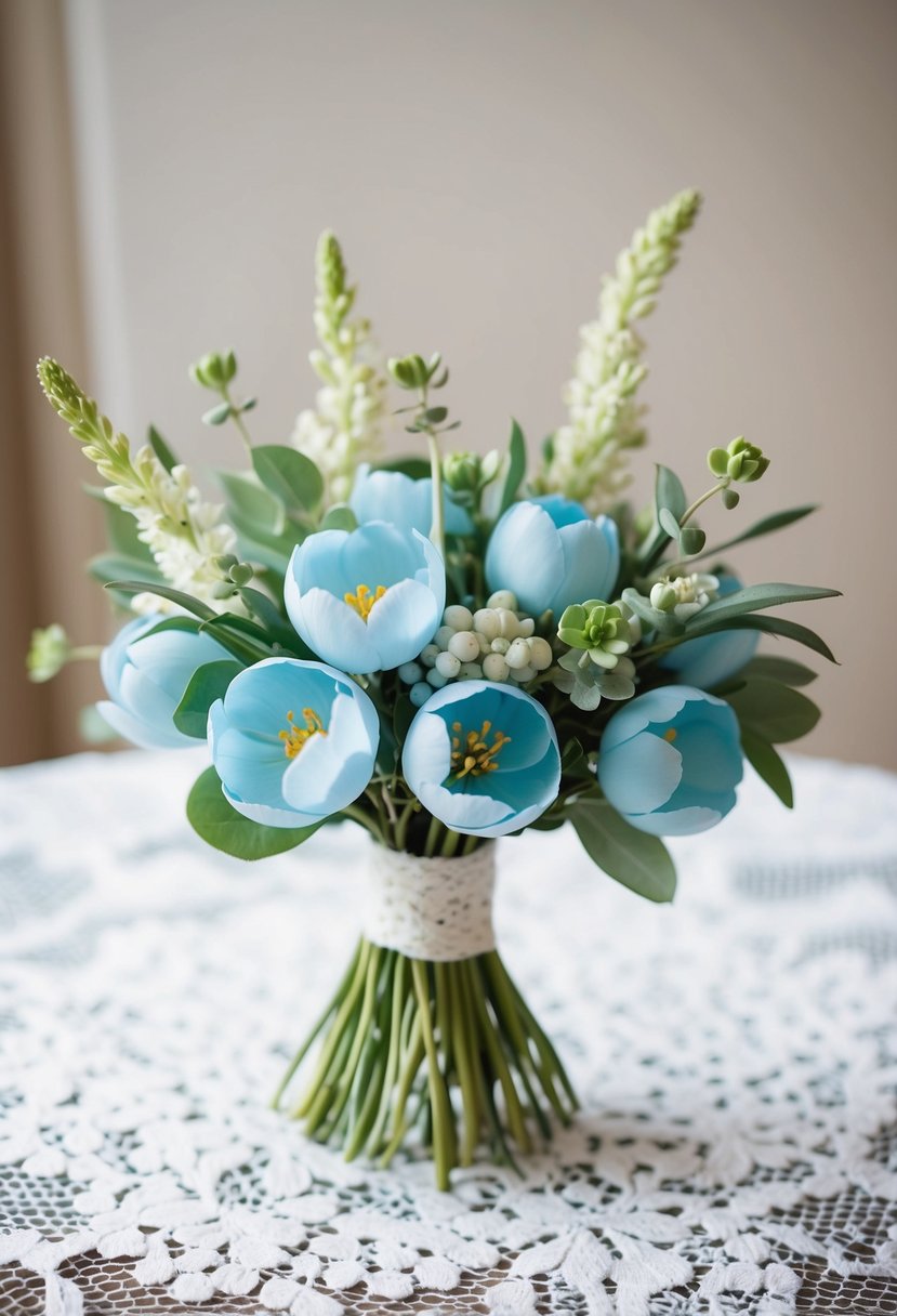 A delicate bouquet of robin's egg blue flowers, accented with pale greenery, rests on a white lace tablecloth