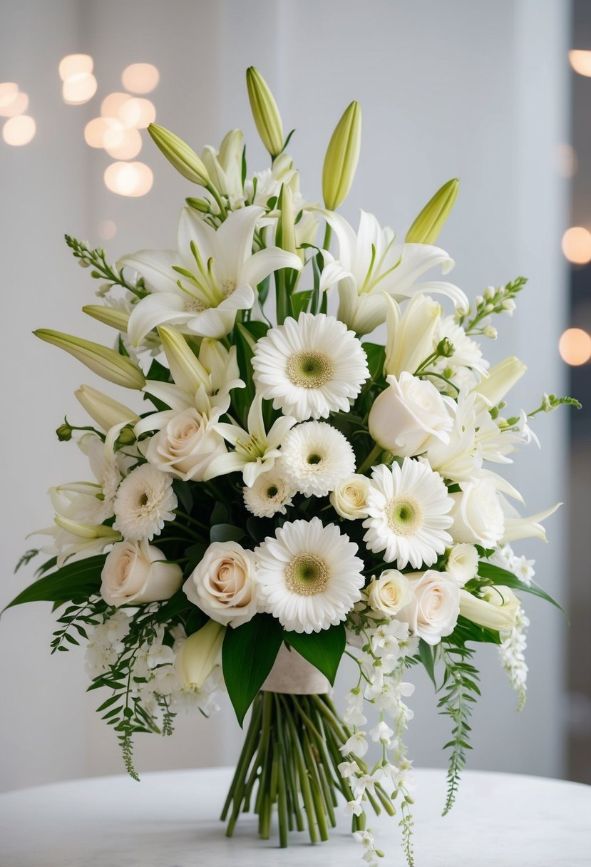 A pristine white bouquet of daisies, lilies, and roses arranged in a delicate, cascading design