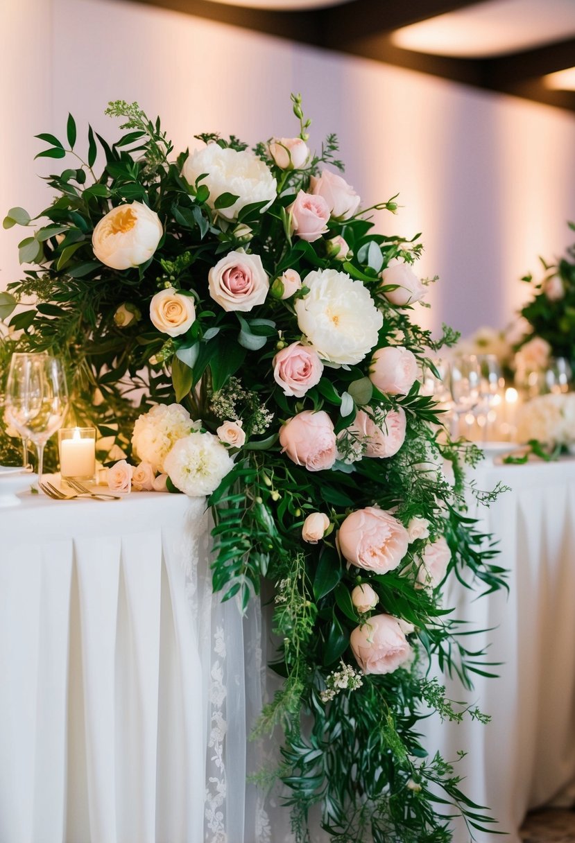 A cascading arrangement of roses, peonies, and greenery adorns the bride and groom's table, creating a romantic and elegant focal point for the wedding reception