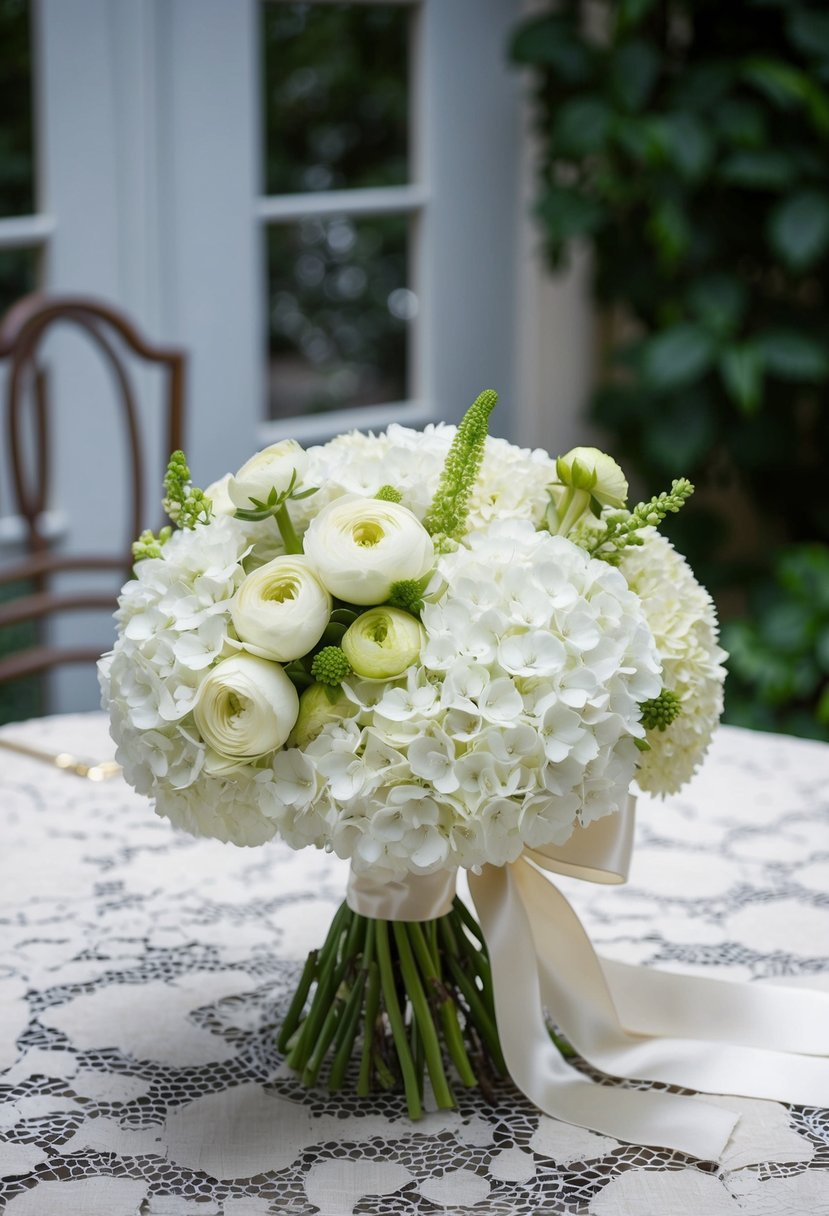 A lush bouquet of white hydrangeas and ranunculus, tied with a satin ribbon, sits on a vintage lace tablecloth