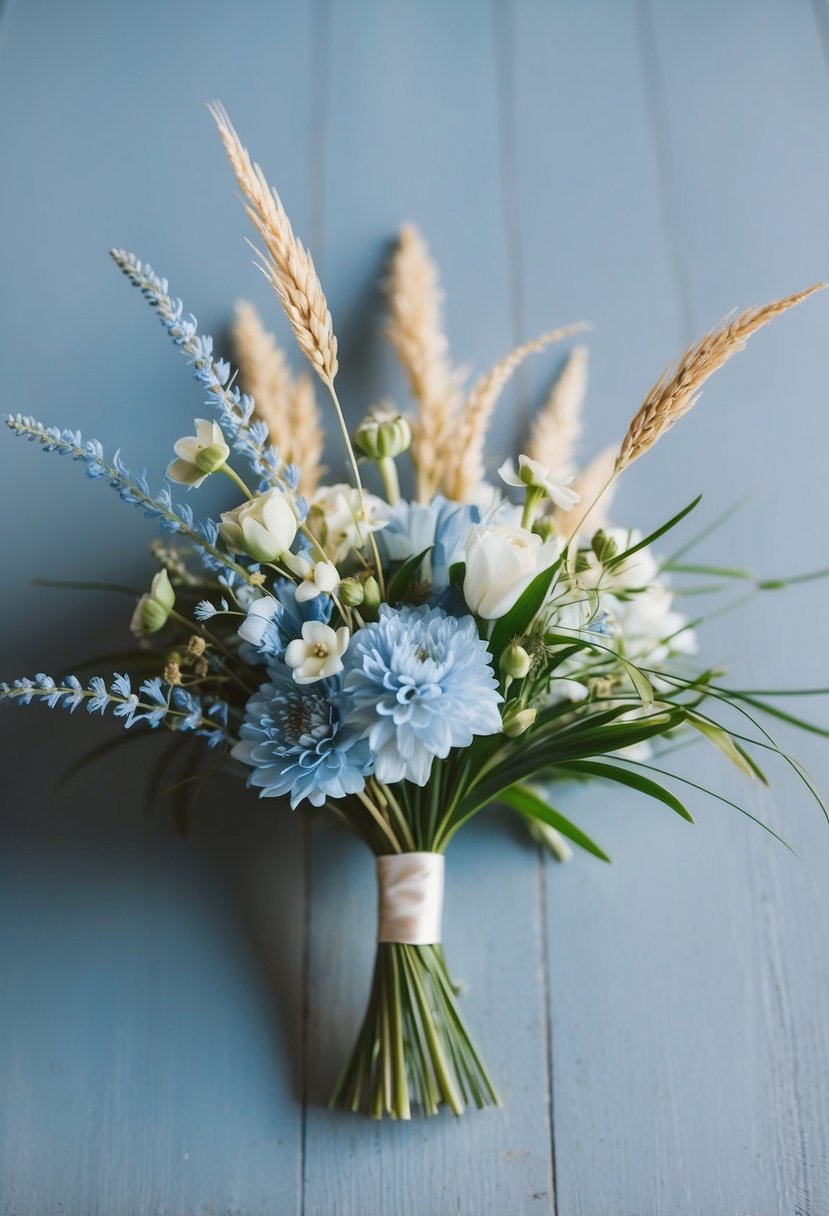 A delicate wedding bouquet featuring blue oat grass fillers and light blue flowers