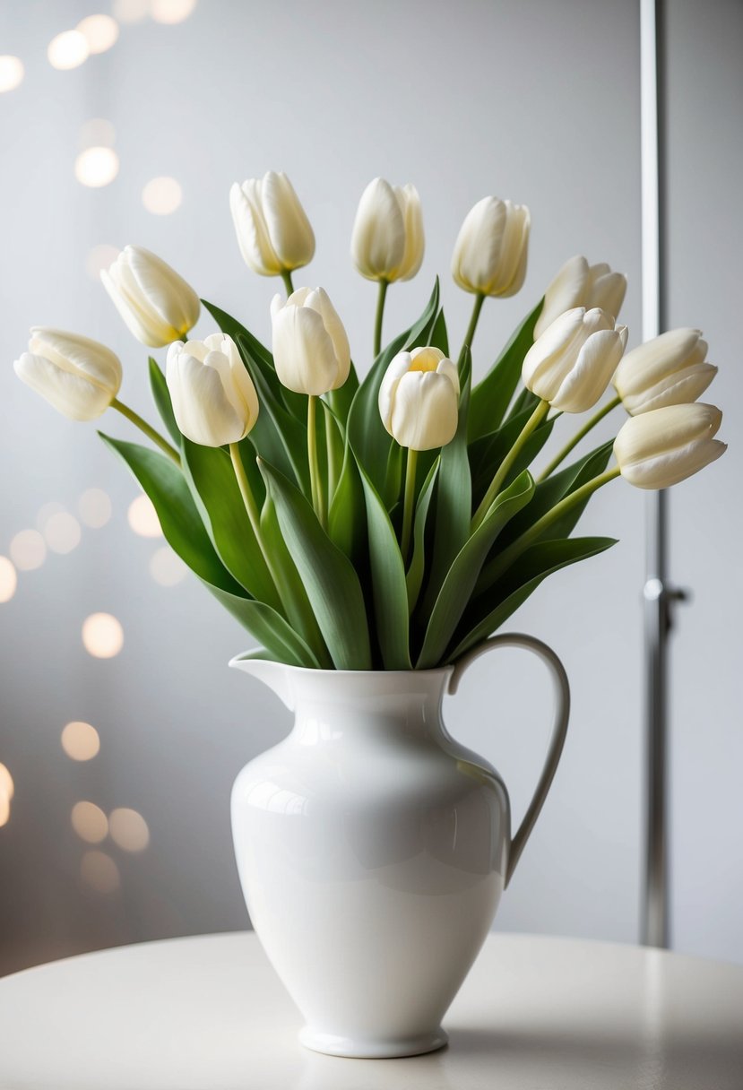 An elegant arrangement of ivory tulips in a white vase, with soft lighting and a clean, minimalist backdrop