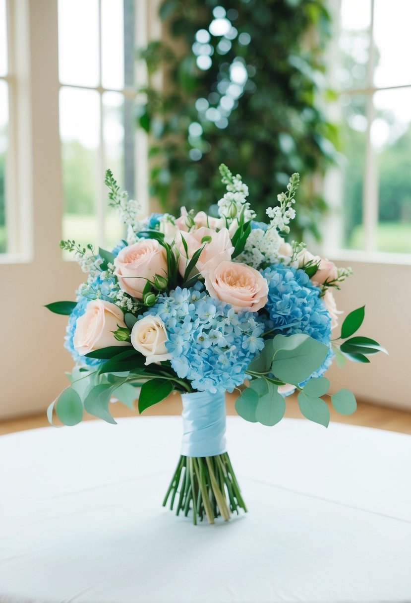 A light blue and soft pink wedding bouquet sits on a white table with soft natural light streaming in