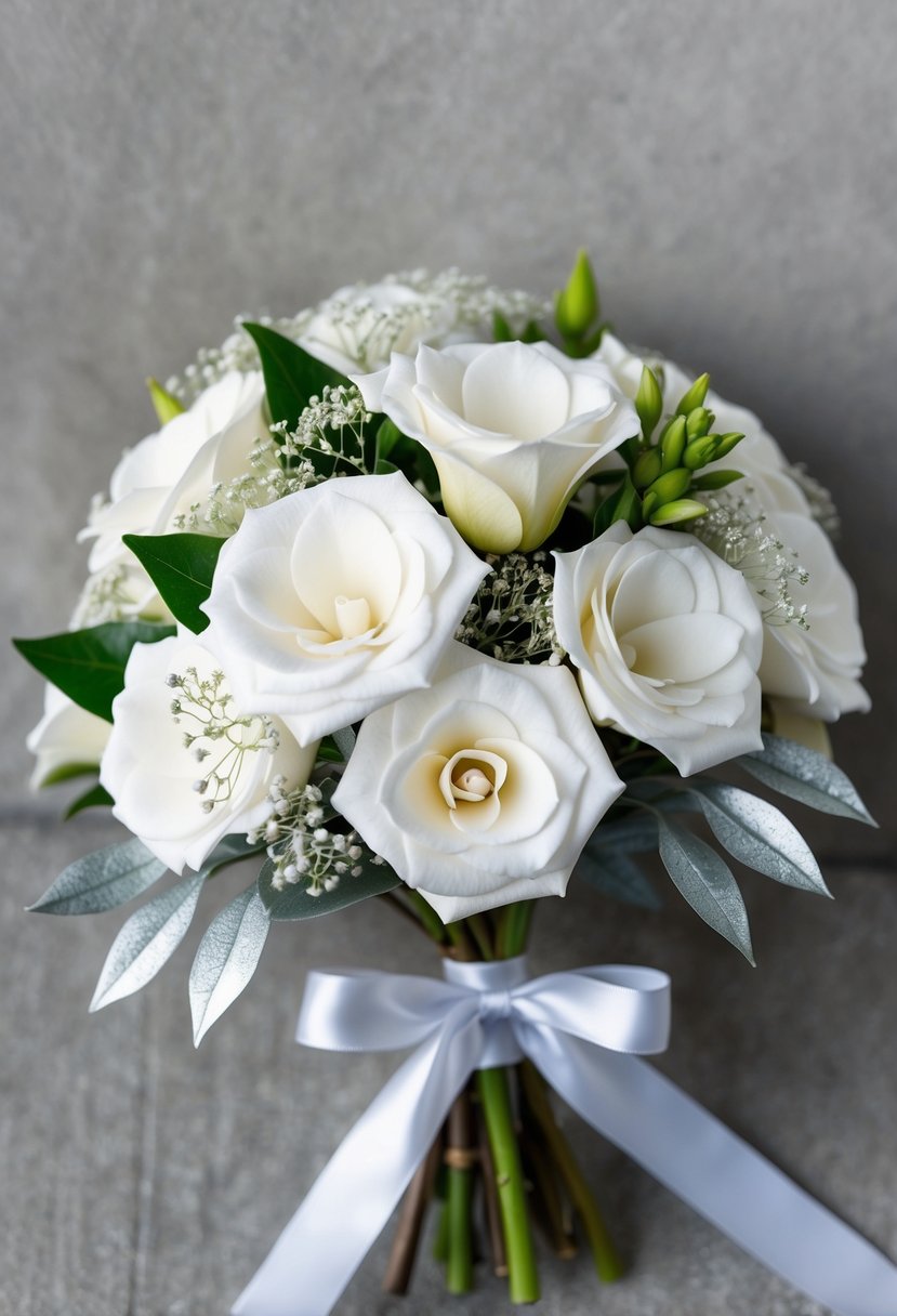 A delicate posy of white gardenias, accented with baby's breath and silver foliage, tied with a satin ribbon