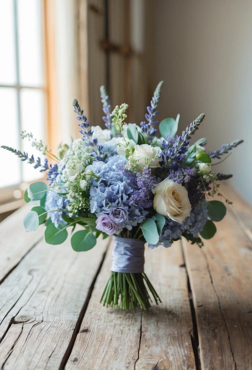 A delicate powder blue and lavender wedding bouquet rests on a rustic wooden table, bathed in soft natural light