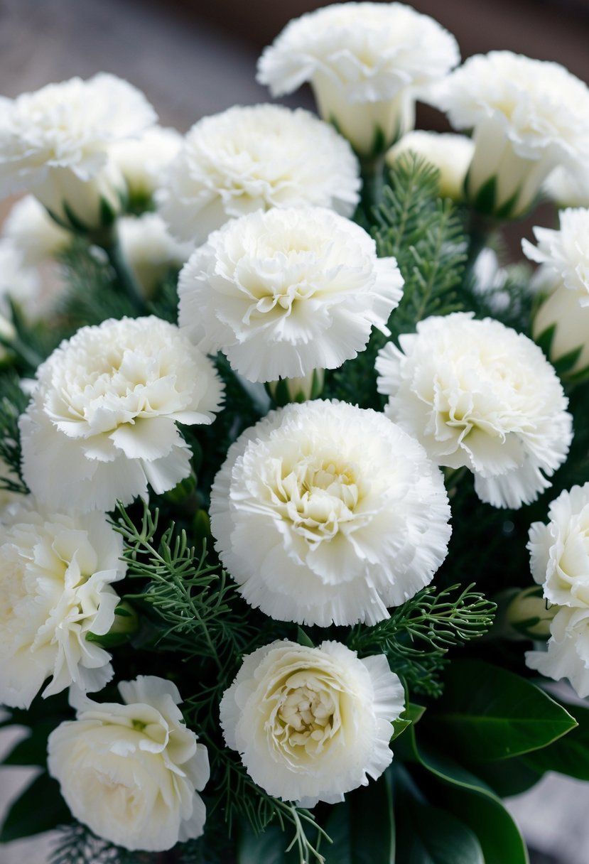 A bunch of snowy white carnations arranged in a wedding bouquet, with delicate green foliage peeking out from between the blooms