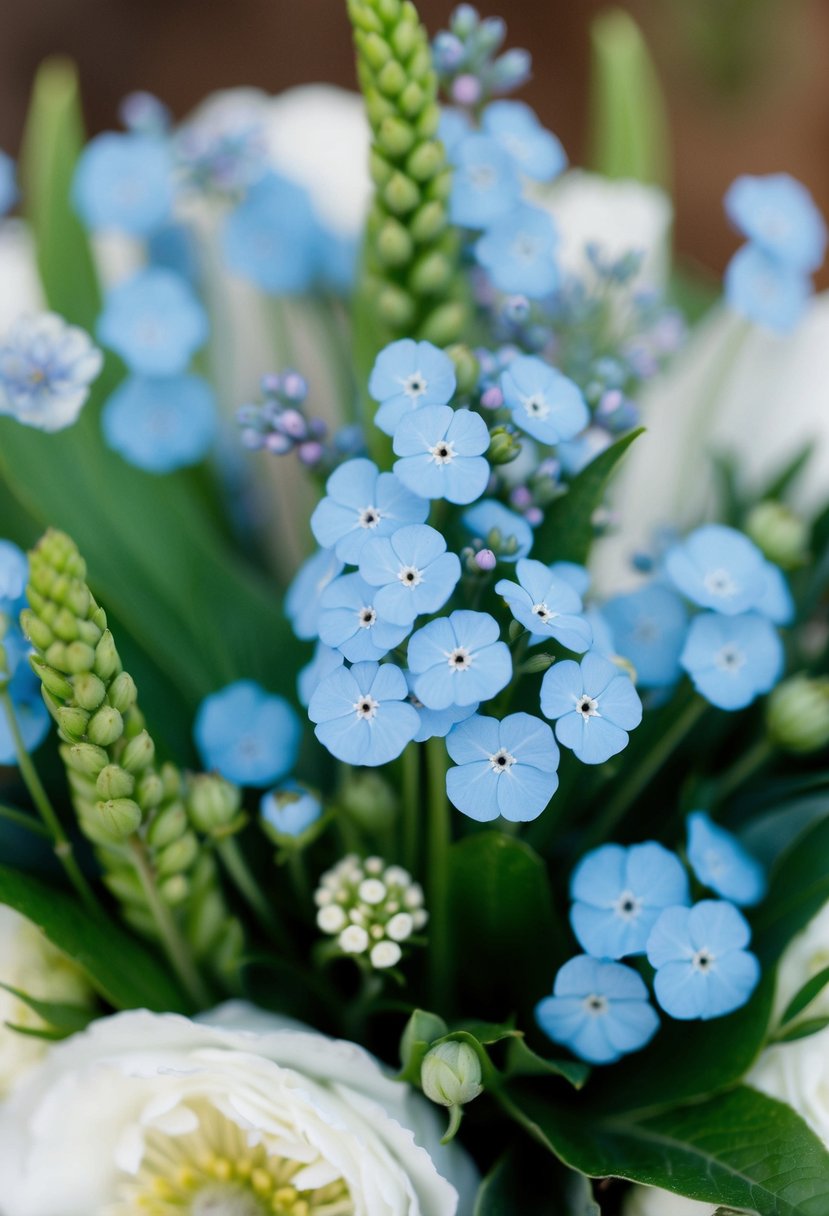 A delicate arrangement of light blue forget-me-nots and other flowers in a wedding bouquet