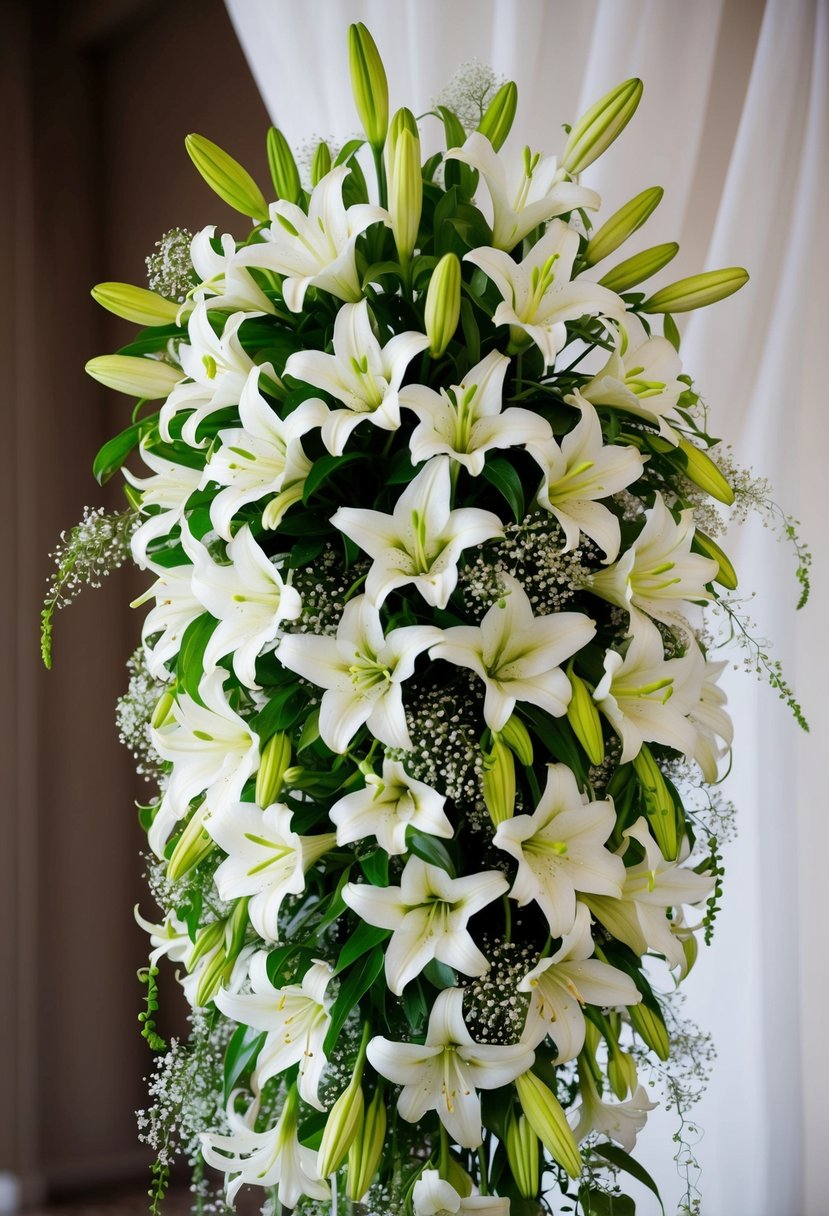 A cascading bouquet of white lilies, surrounded by delicate baby's breath and greenery, arranged in a flowing, elegant design