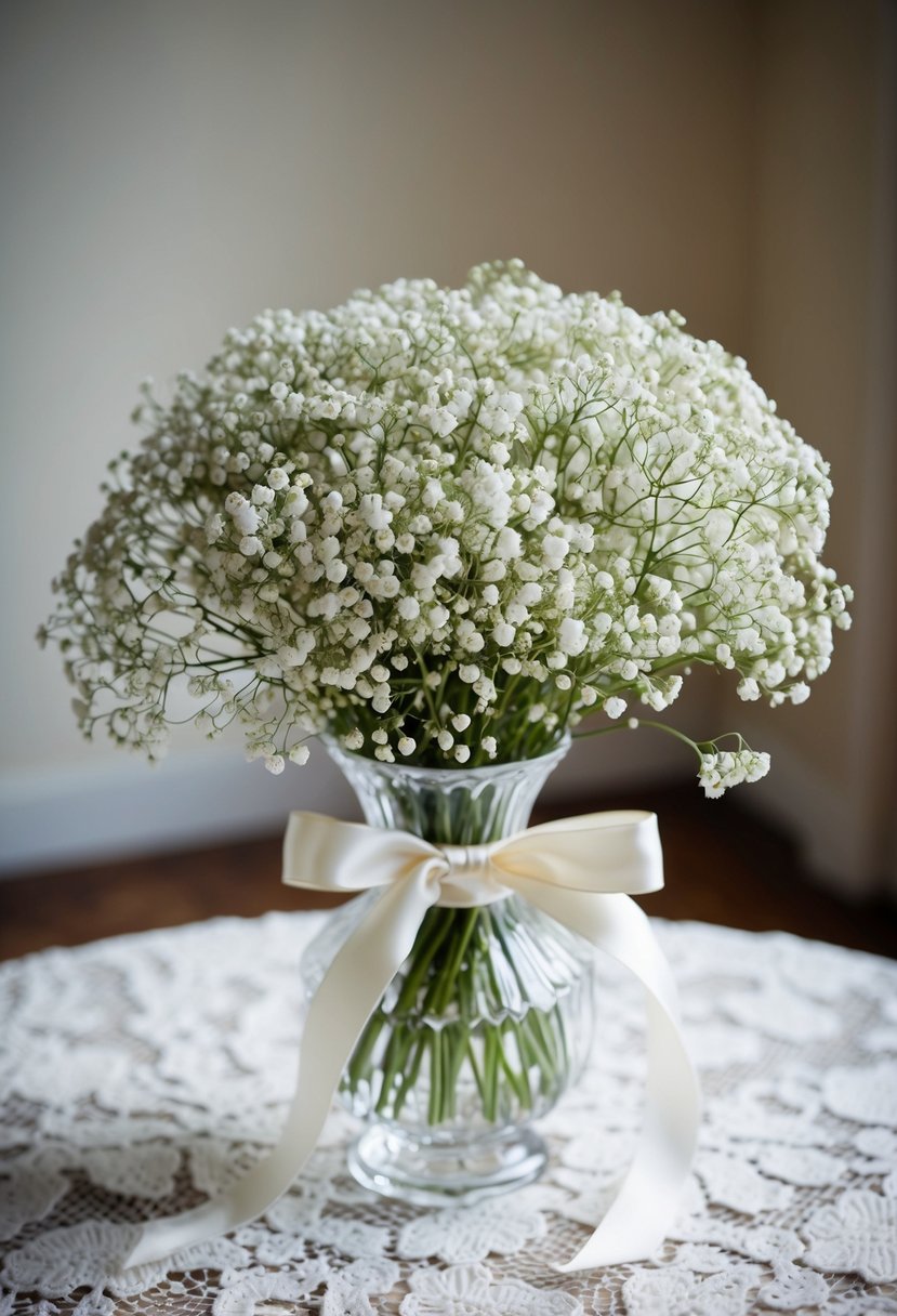 A delicate, all-white bouquet of baby's breath, tied with a satin ribbon, sits in a crystal vase on a lace-covered table