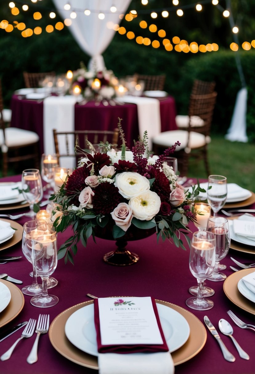 A burgundy-themed wedding table adorned with floral centerpieces, elegant place settings, and flickering candlelight