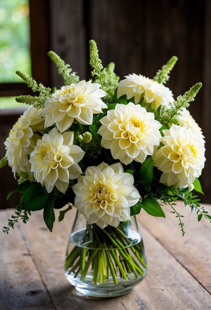 A lush bouquet of creamy white dahlias, accented with delicate greenery, sits in a clear glass vase on a rustic wooden table