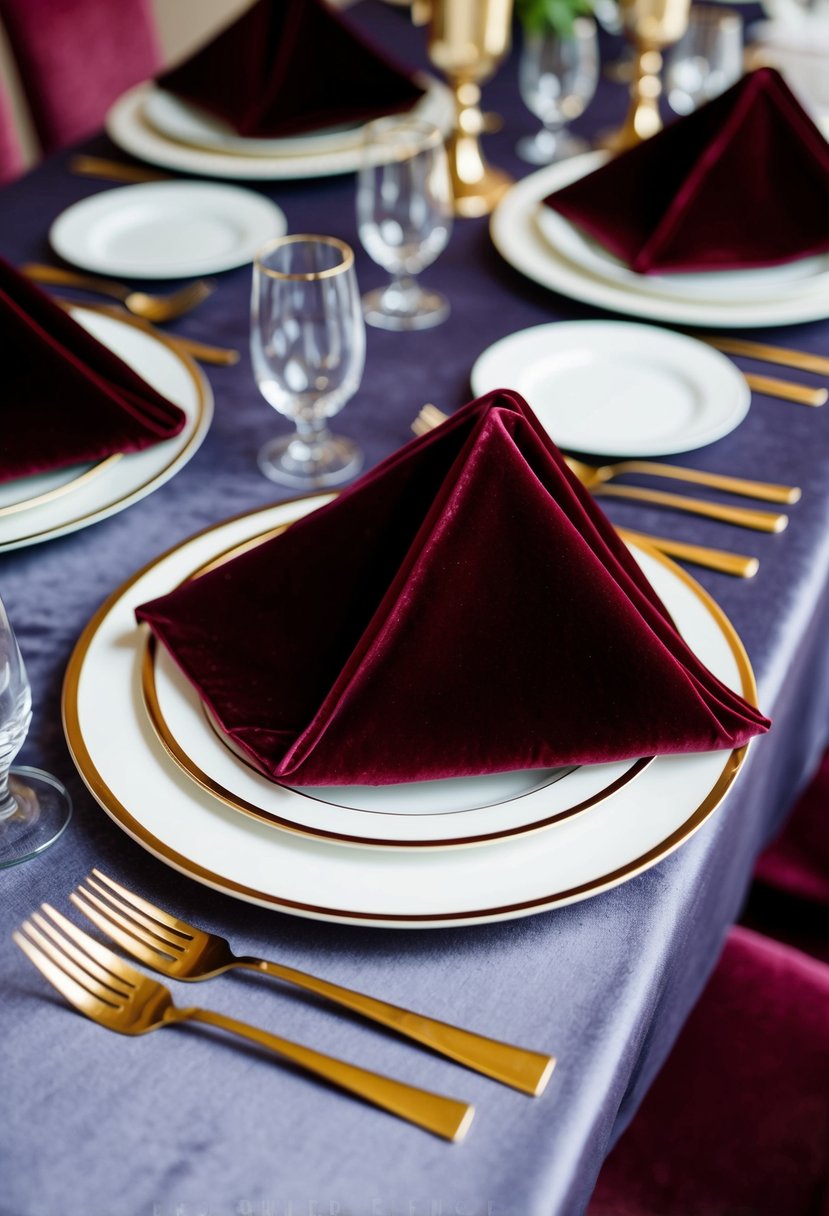 A table set with velvet burgundy napkins and gold cutlery