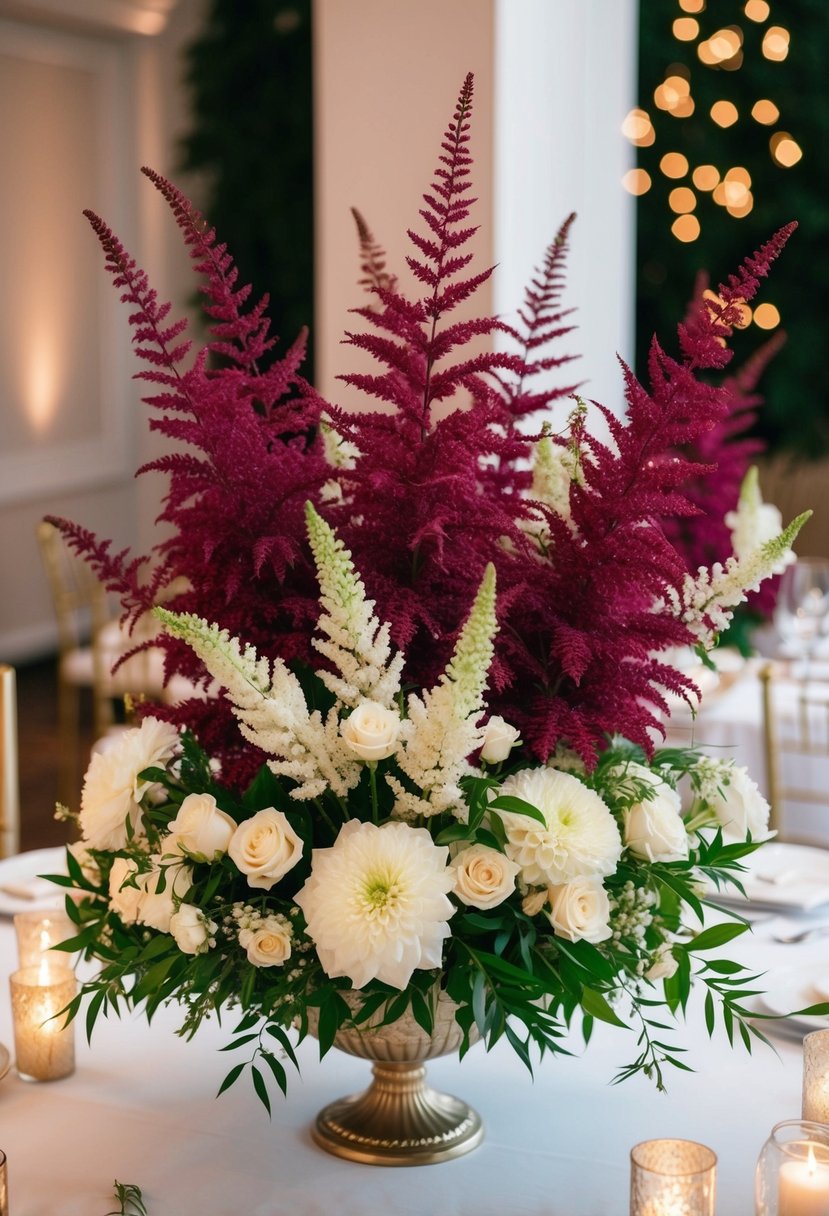 A lush arrangement of burgundy astilbe and white flowers adorns a wedding table, creating a romantic and elegant centerpiece