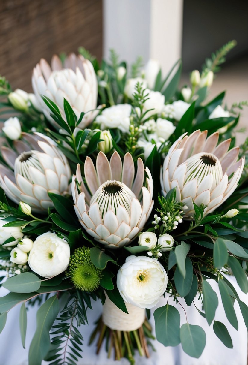 A collection of chic white protea flowers arranged in a wedding bouquet, with additional white blooms and greenery