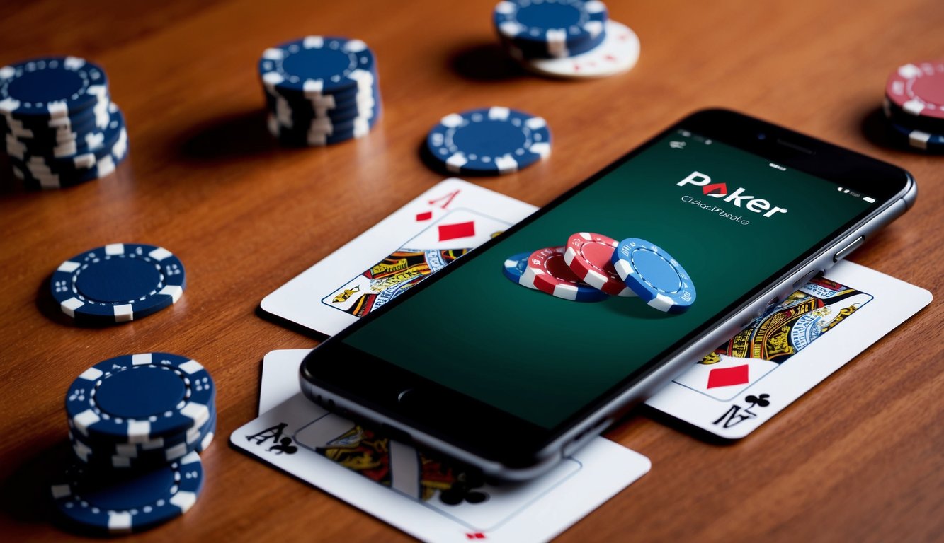 Sebuah smartphone dengan aplikasi poker terbuka, chip dan kartu berserakan di sekitarnya