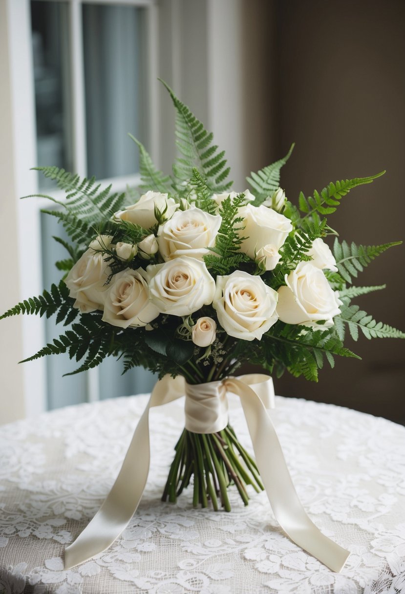 A delicate bouquet of ivory roses and ferns, tied with a satin ribbon, sits atop a lace-covered table