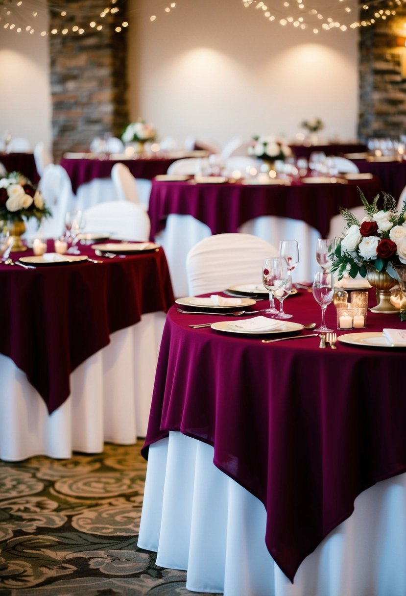 Burgundy tablecloths drape over layered tables, adorned with elegant wedding decorations