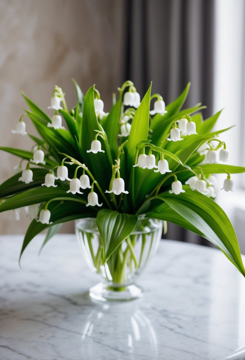 A pristine white Lily of the Valley bouquet, arranged with delicate green foliage, sits on a polished marble table